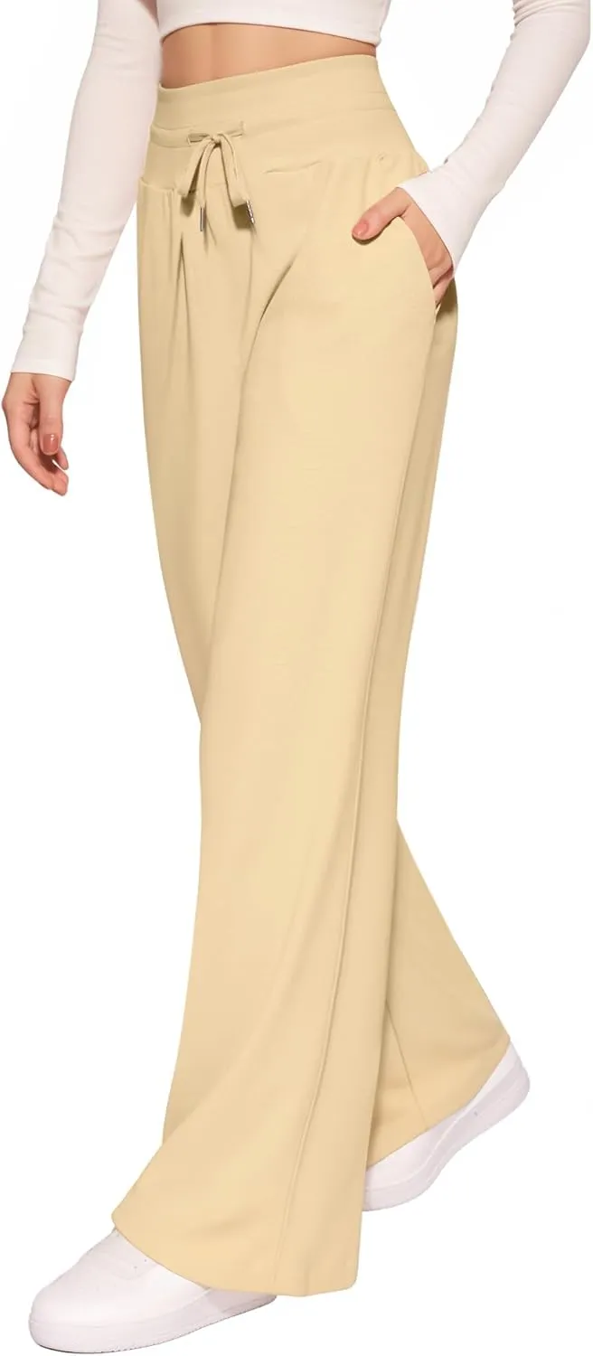 CLOZOZ Wide Leg Casual Pants for Women Trouser Pants Elastic Palazzo Pants with Adjustable Drawstring