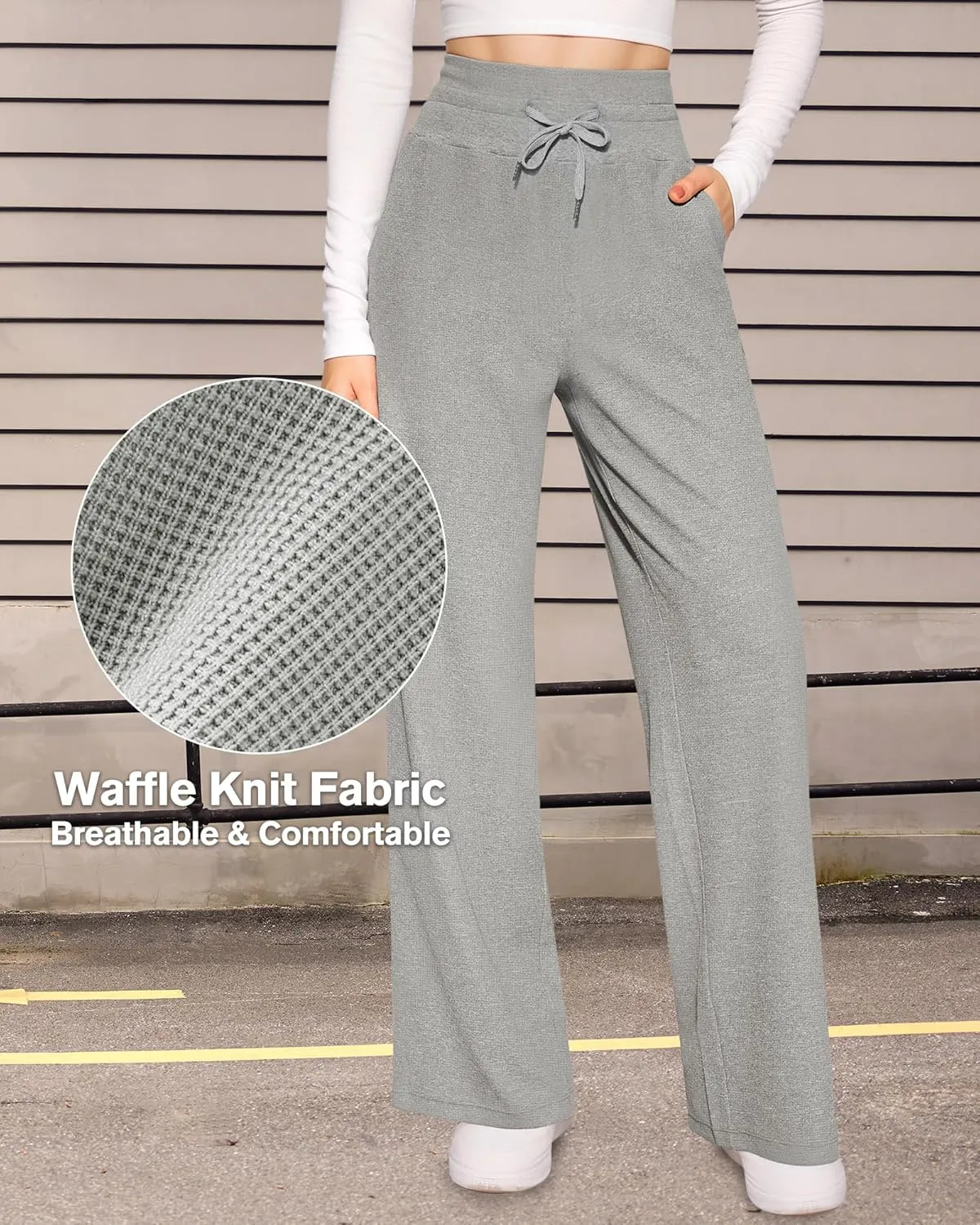 CLOZOZ Wide Leg Casual Pants for Women Trouser Pants Elastic Palazzo Pants with Adjustable Drawstring