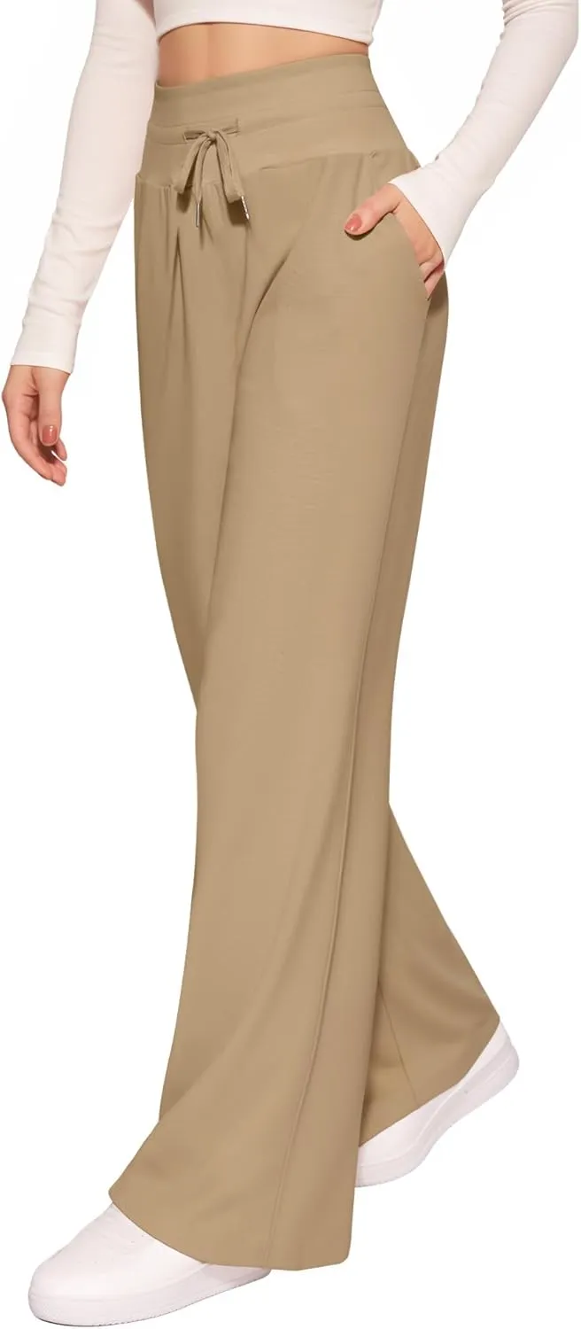 CLOZOZ Wide Leg Casual Pants for Women Trouser Pants Elastic Palazzo Pants with Adjustable Drawstring