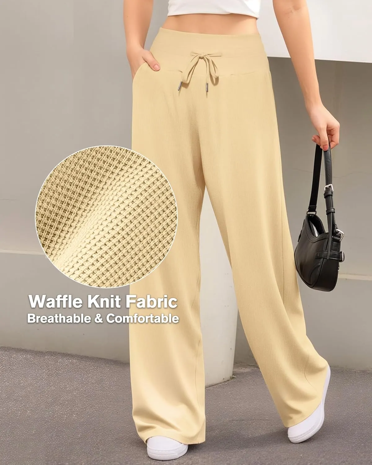 CLOZOZ Wide Leg Casual Pants for Women Trouser Pants Elastic Palazzo Pants with Adjustable Drawstring