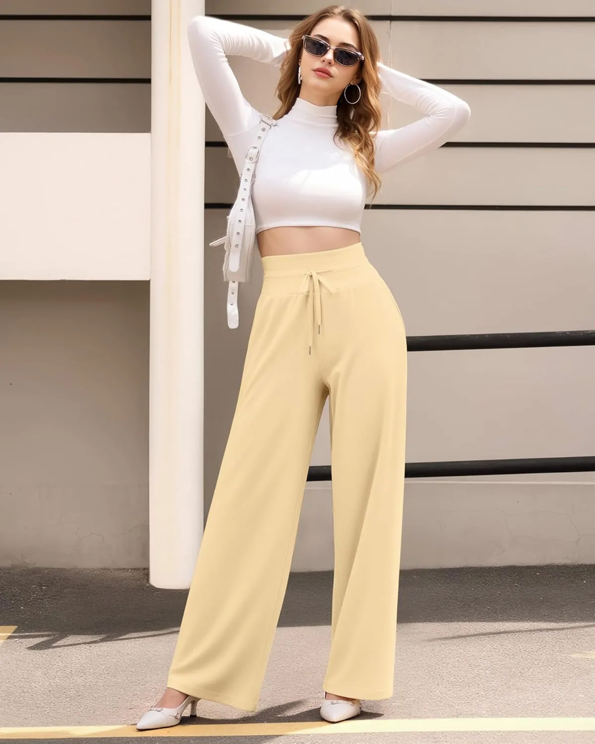 CLOZOZ Wide Leg Casual Pants for Women Trouser Pants Elastic Palazzo Pants with Adjustable Drawstring