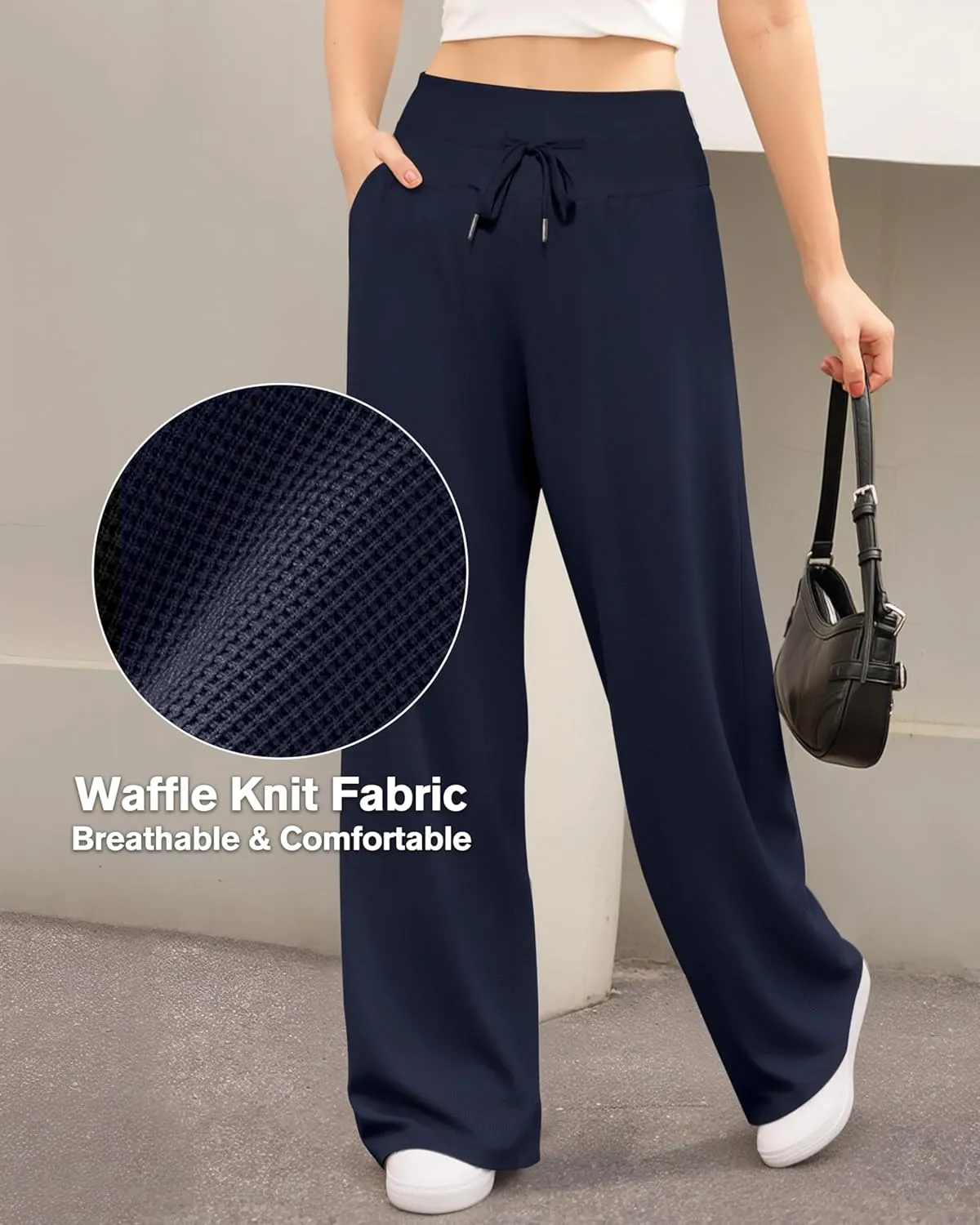 CLOZOZ Wide Leg Casual Pants for Women Trouser Pants Elastic Palazzo Pants with Adjustable Drawstring