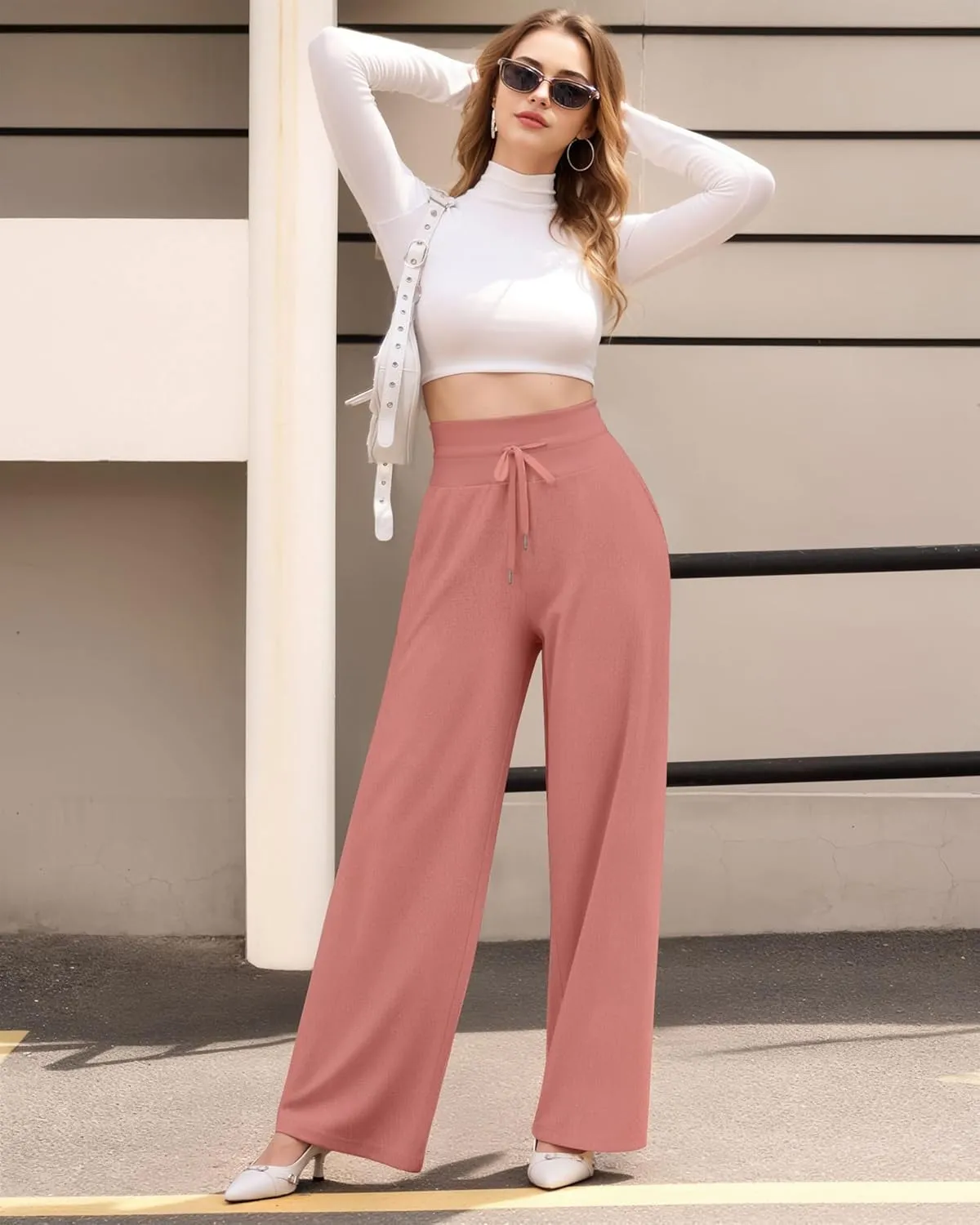 CLOZOZ Wide Leg Casual Pants for Women Trouser Pants Elastic Palazzo Pants with Adjustable Drawstring