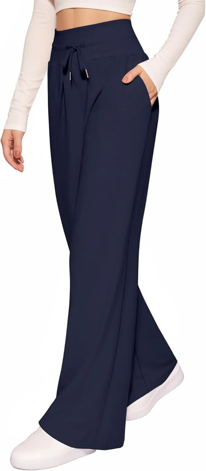 CLOZOZ Wide Leg Casual Pants for Women Trouser Pants Elastic Palazzo Pants with Adjustable Drawstring