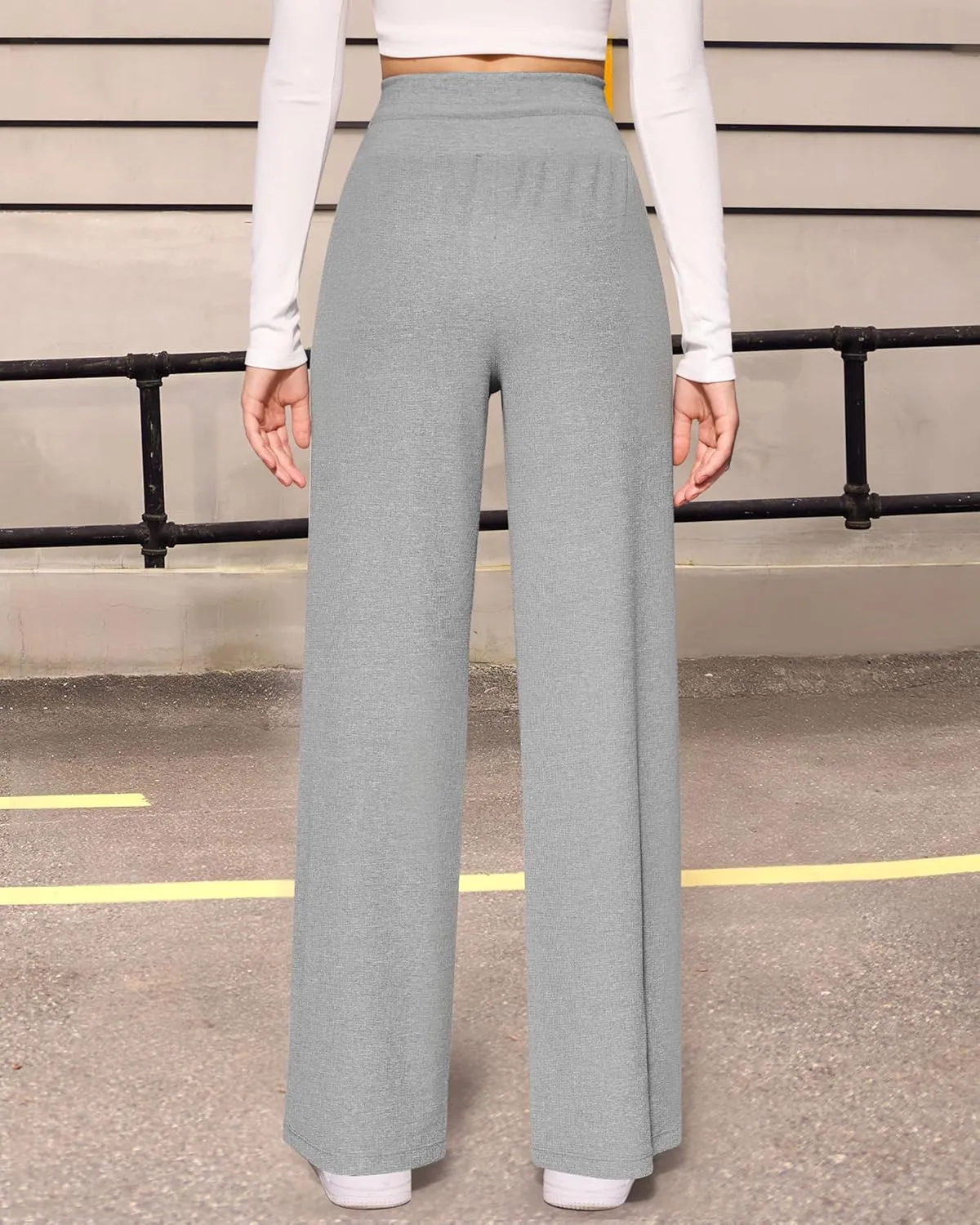 CLOZOZ Wide Leg Casual Pants for Women Trouser Pants Elastic Palazzo Pants with Adjustable Drawstring