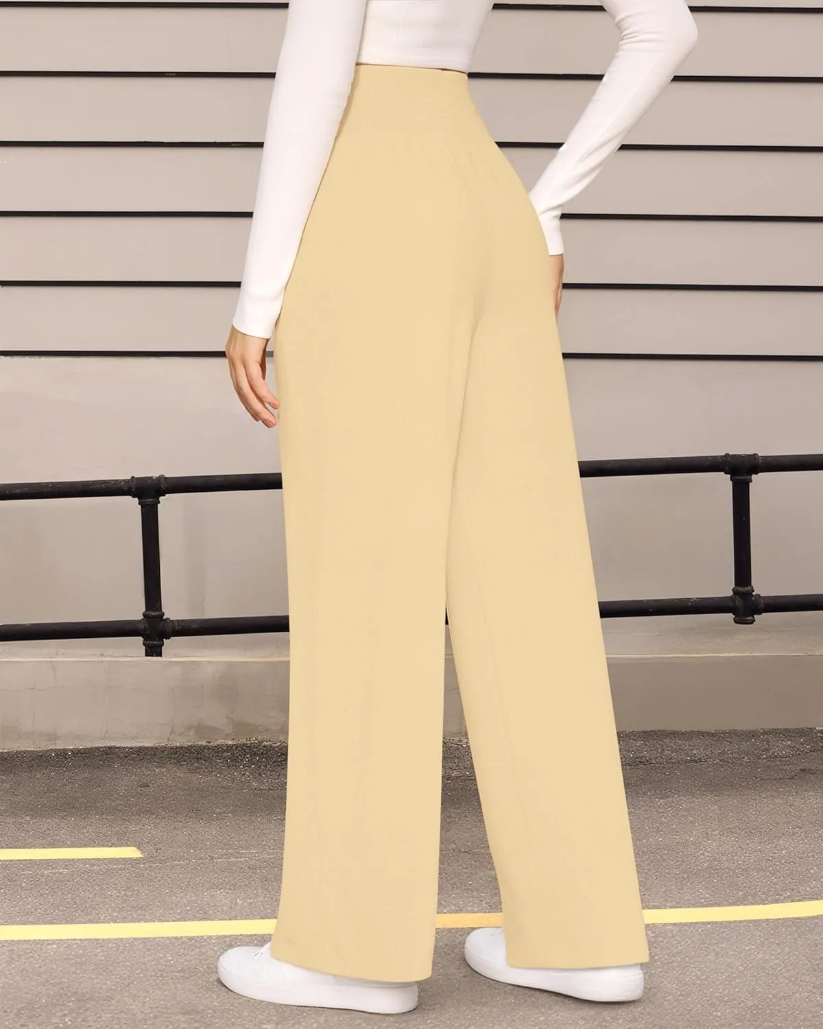 CLOZOZ Wide Leg Casual Pants for Women Trouser Pants Elastic Palazzo Pants with Adjustable Drawstring