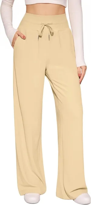 CLOZOZ Wide Leg Casual Pants for Women Trouser Pants Elastic Palazzo Pants with Adjustable Drawstring