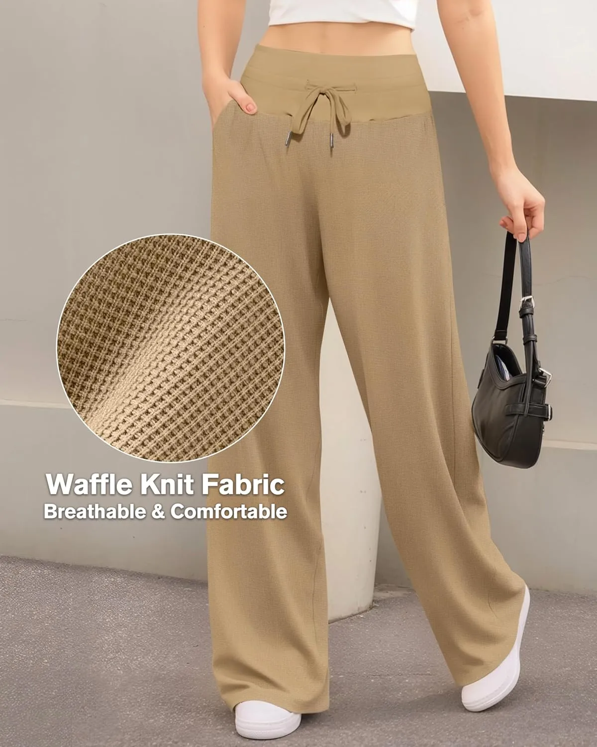 CLOZOZ Wide Leg Casual Pants for Women Trouser Pants Elastic Palazzo Pants with Adjustable Drawstring
