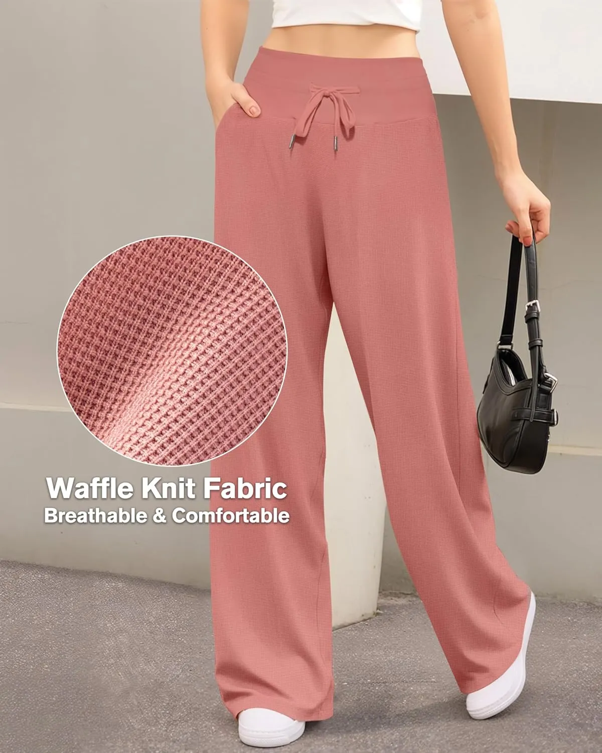 CLOZOZ Wide Leg Casual Pants for Women Trouser Pants Elastic Palazzo Pants with Adjustable Drawstring