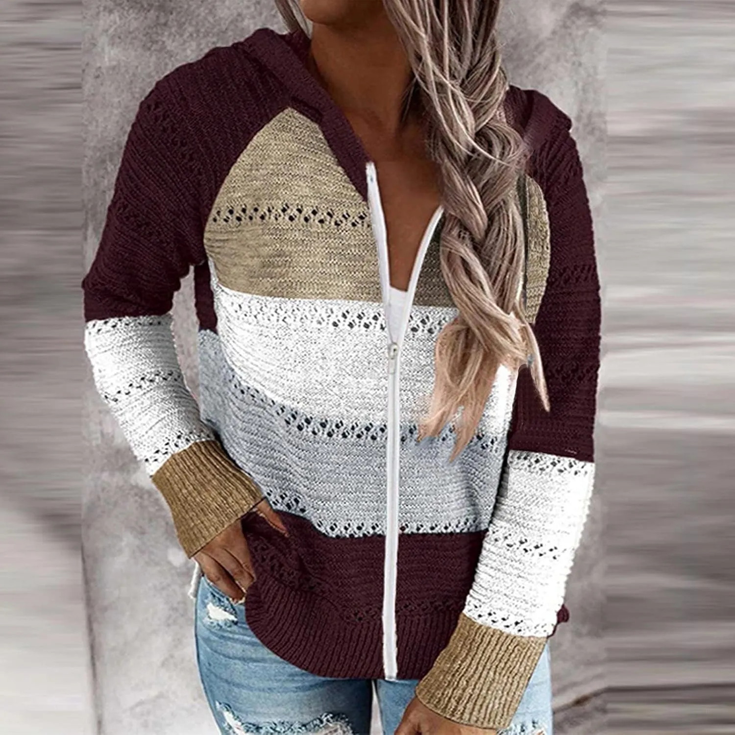 Color Block Hoodie Women V Neck Hooded Sweater Hollow Out Knitted Sweatshirts Y2K Long Sleeve Fall Sweatshirt