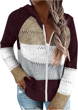 Color Block Hoodie Women V Neck Hooded Sweater Hollow Out Knitted Sweatshirts Y2K Long Sleeve Fall Sweatshirt