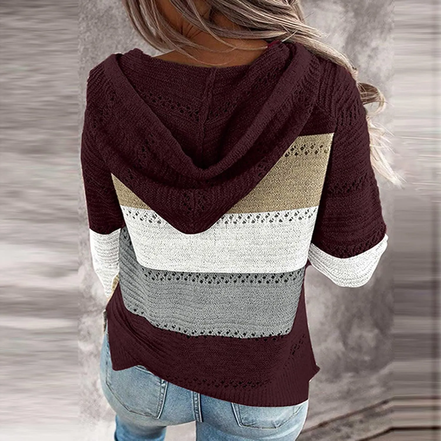 Color Block Hoodie Women V Neck Hooded Sweater Hollow Out Knitted Sweatshirts Y2K Long Sleeve Fall Sweatshirt