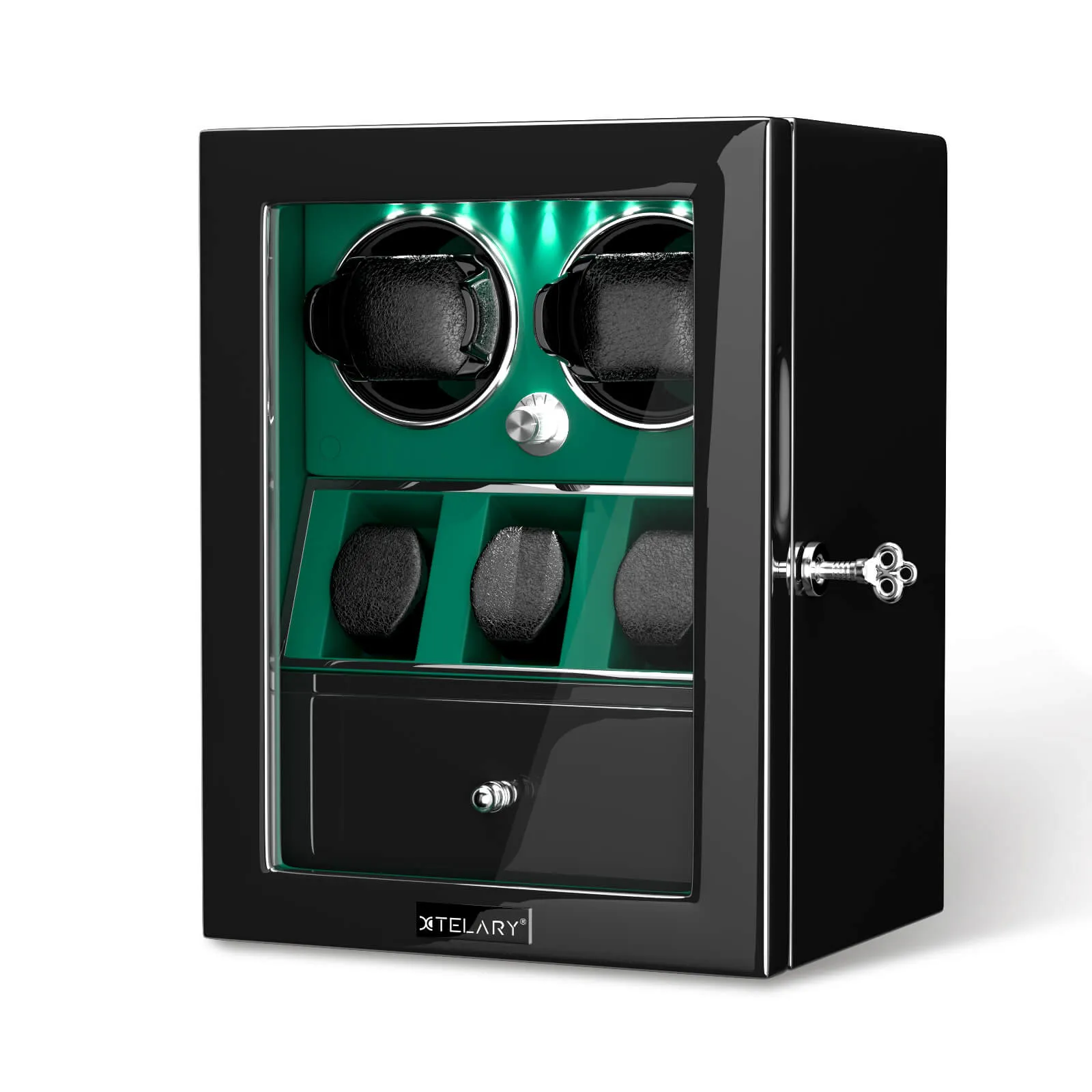 Compact 2 Watch Winders with 3 Watches Organizer Quiet Mabuchi Motor - Green
