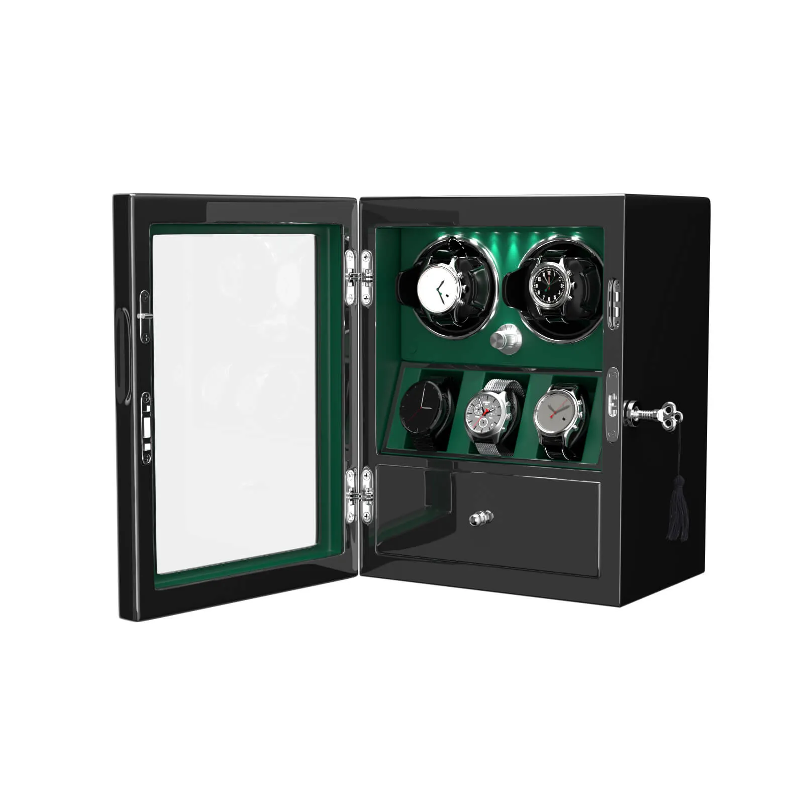 Compact 2 Watch Winders with 3 Watches Organizer Quiet Mabuchi Motor - Green