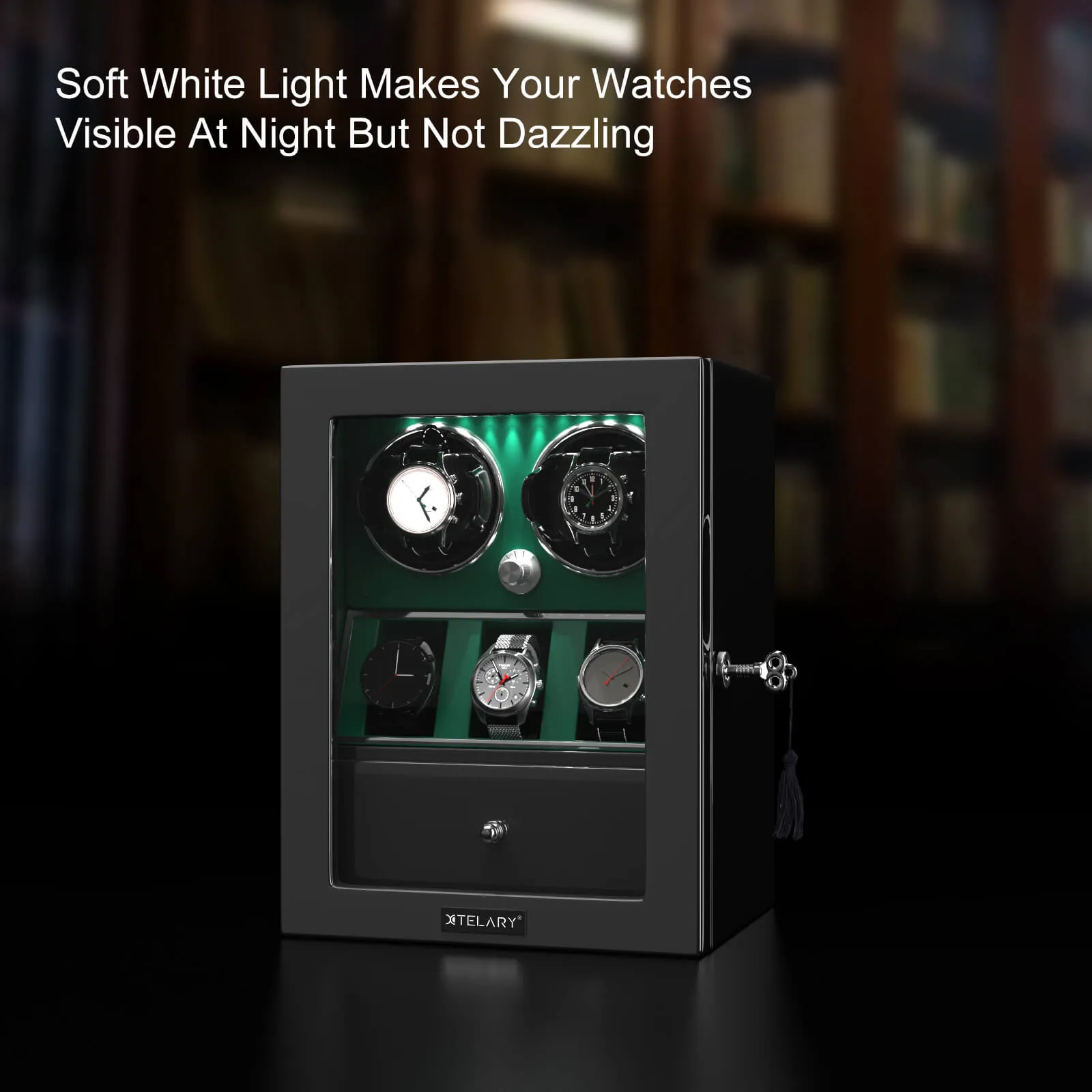 Compact 2 Watch Winders with 3 Watches Organizer Quiet Mabuchi Motor - Green