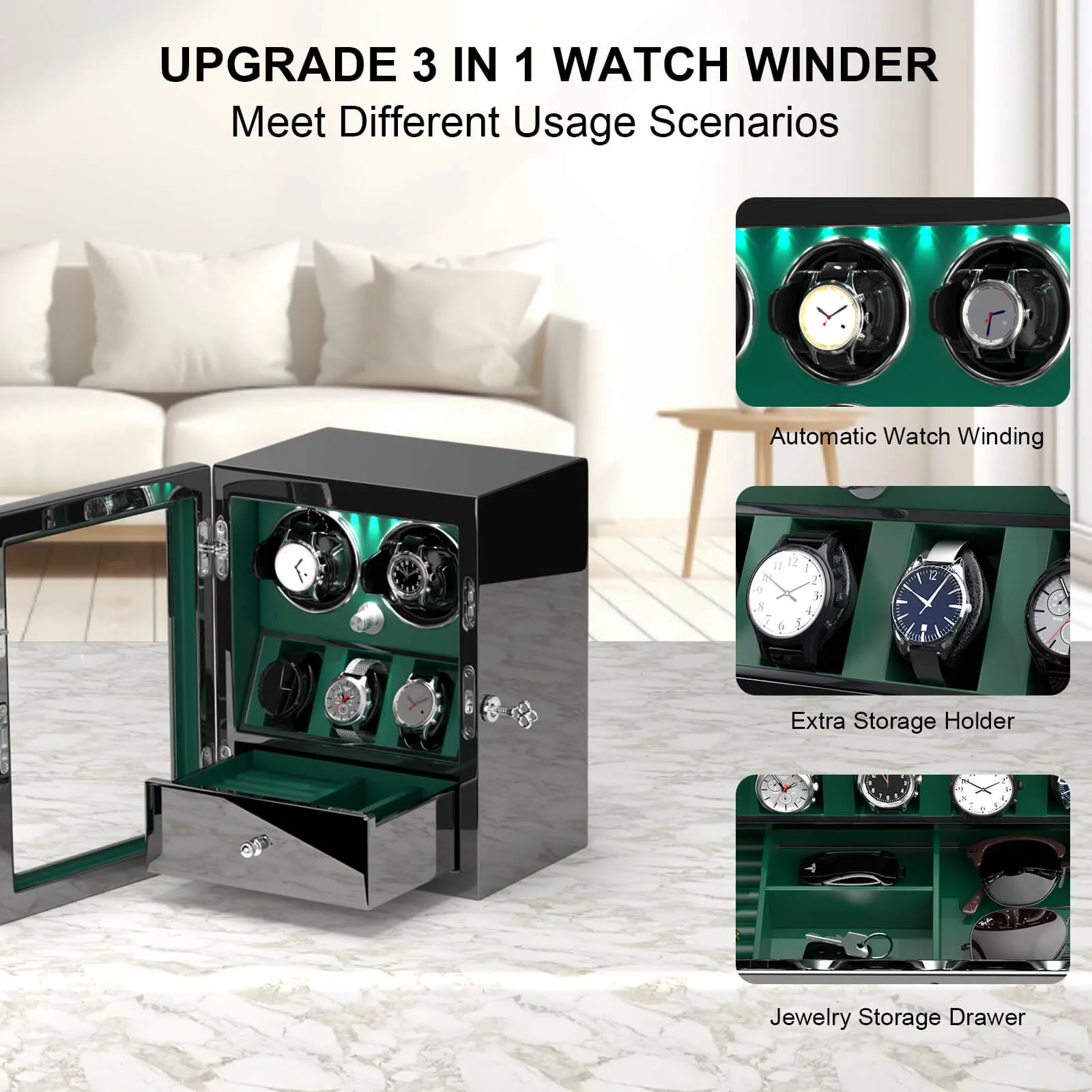 Compact 2 Watch Winders with 3 Watches Organizer Quiet Mabuchi Motor - Green