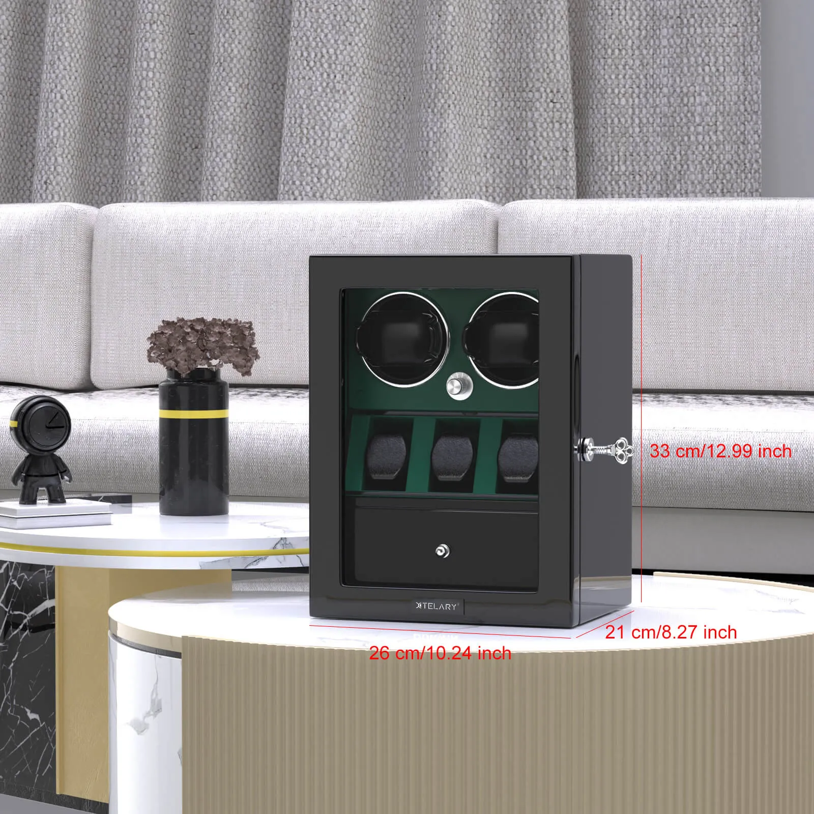 Compact 2 Watch Winders with 3 Watches Organizer Quiet Mabuchi Motor - Green