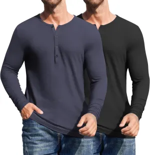 COOFANDY Men's 2Pack Slim Fit Henley Shirts Long Sleeve Lightweight Fashion Casual Cotton Basic T Shirts