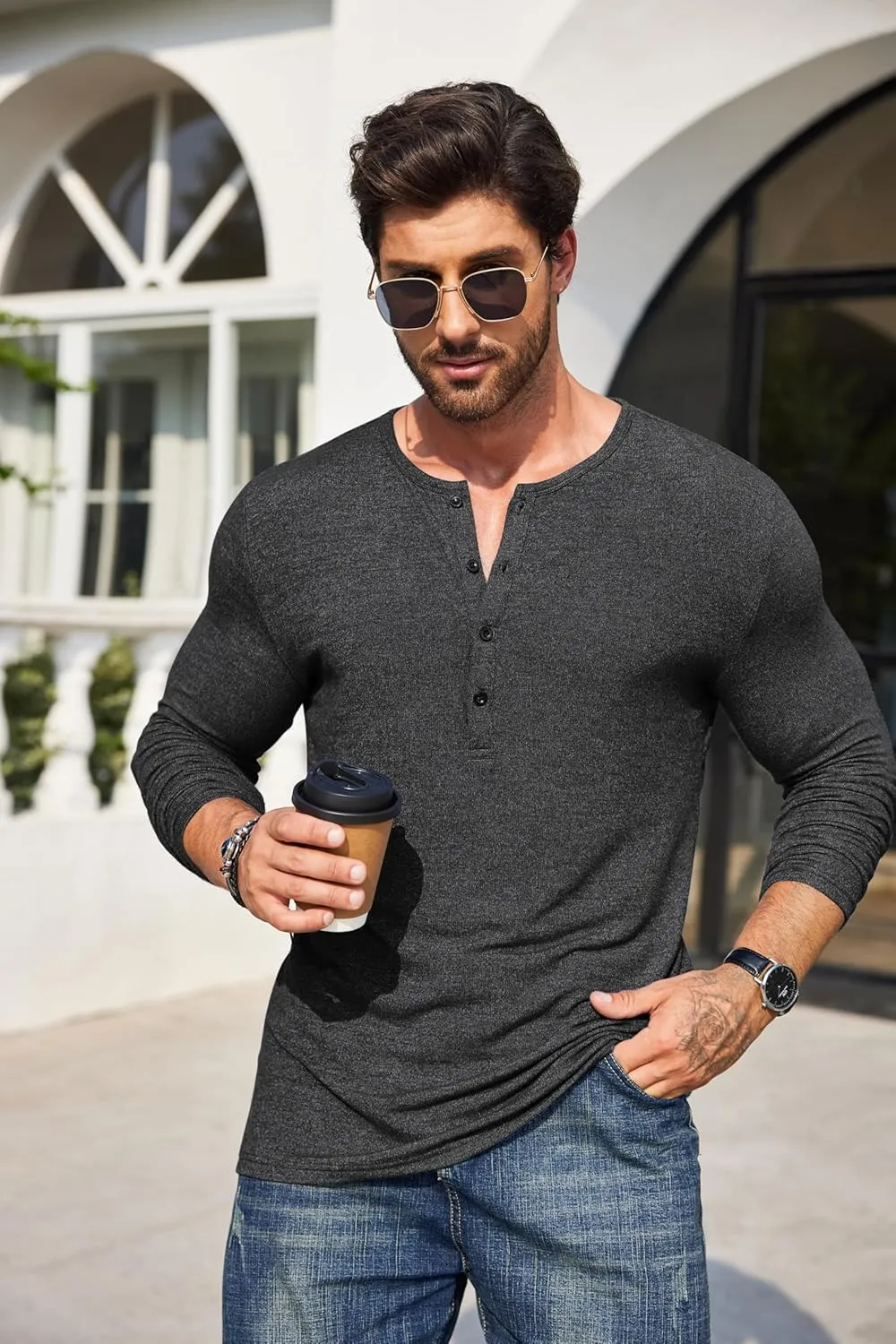 COOFANDY Men's 2Pack Slim Fit Henley Shirts Long Sleeve Lightweight Fashion Casual Cotton Basic T Shirts