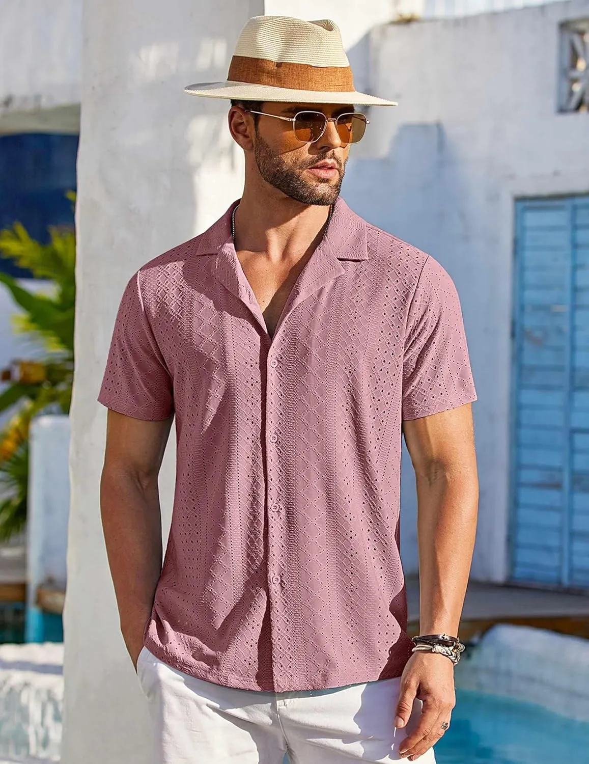 COOFANDY Mens Beach Shirt Short Sleeve Button Down Shirts Casual Cuban Collared Summer Vacation Tropical Shirts