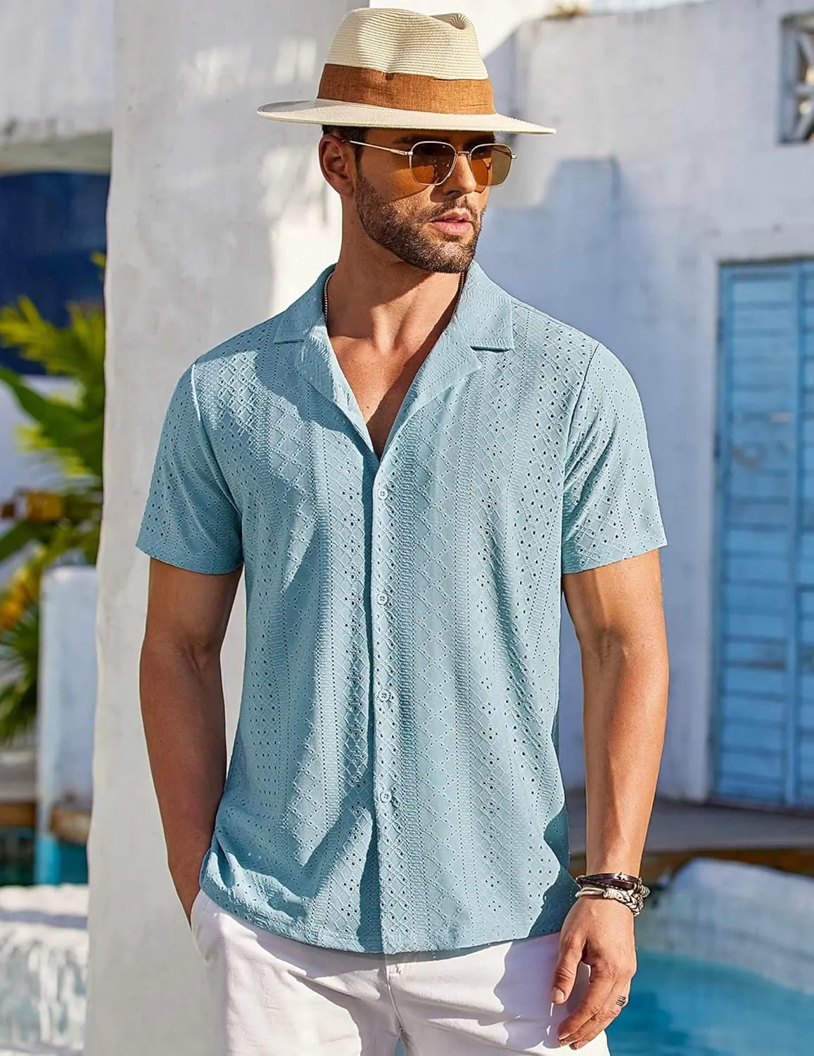 COOFANDY Mens Beach Shirt Short Sleeve Button Down Shirts Casual Cuban Collared Summer Vacation Tropical Shirts