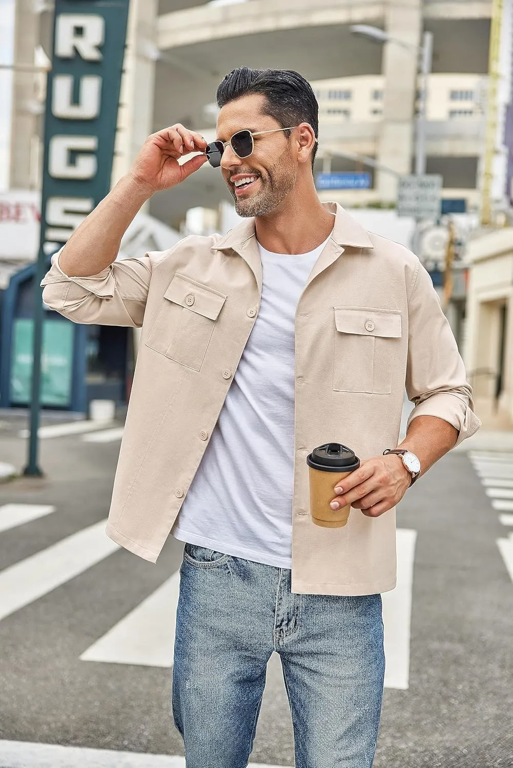 COOFANDY Men's Casual Shirt Jacket Long Sleeve Button Down Overshirt Lightweight Shacket with Pockets