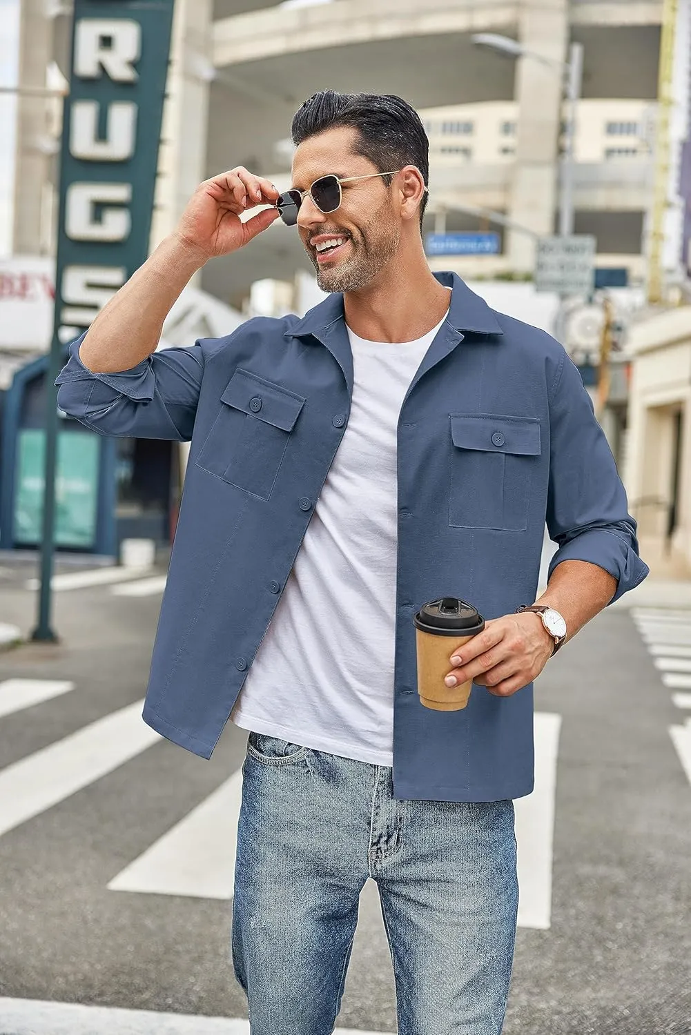 COOFANDY Men's Casual Shirt Jacket Long Sleeve Button Down Overshirt Lightweight Shacket with Pockets