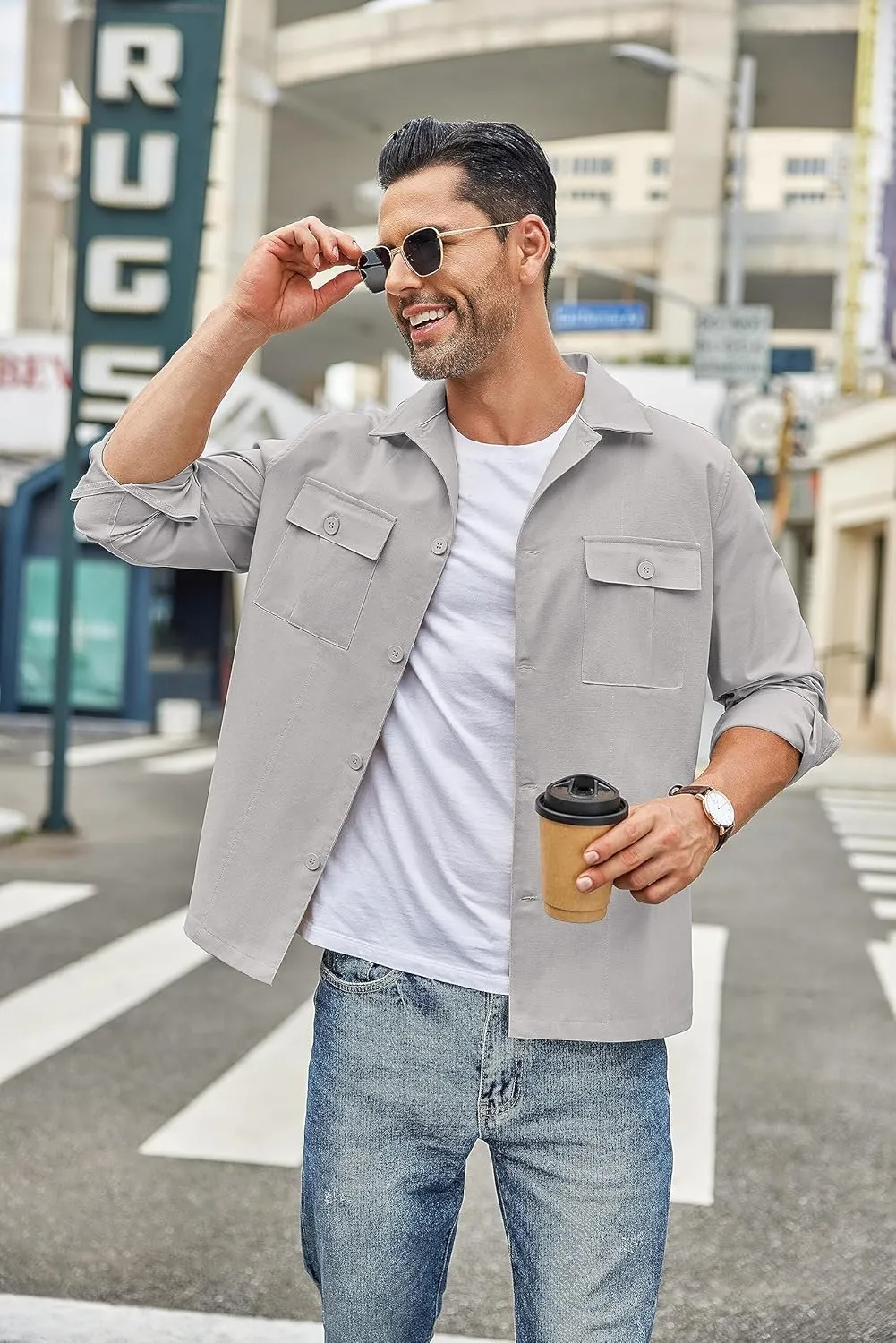 COOFANDY Men's Casual Shirt Jacket Long Sleeve Button Down Overshirt Lightweight Shacket with Pockets