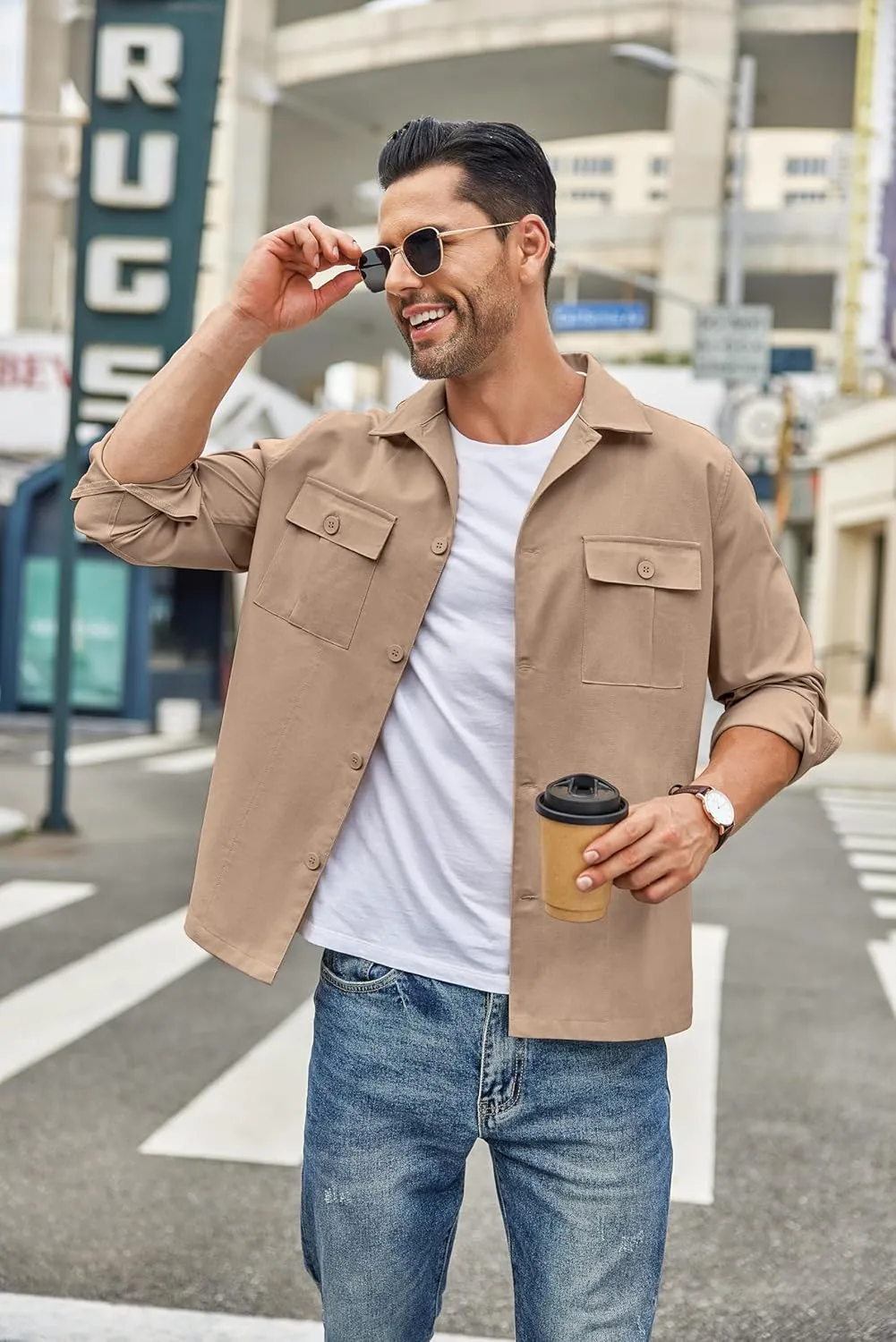 COOFANDY Men's Casual Shirt Jacket Long Sleeve Button Down Overshirt Lightweight Shacket with Pockets
