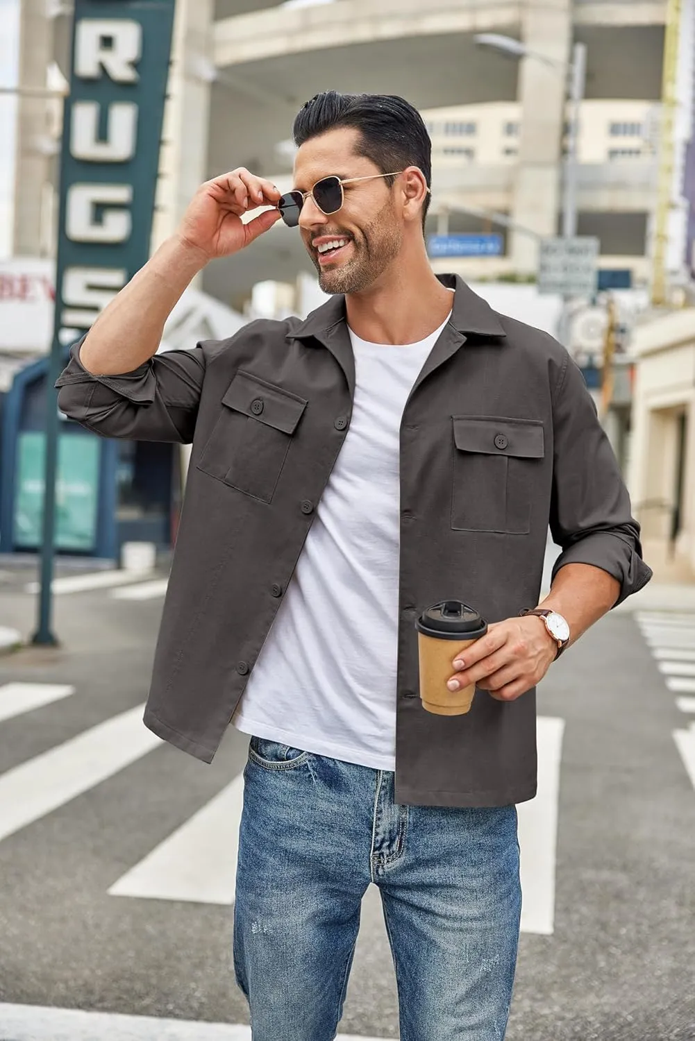 COOFANDY Men's Casual Shirt Jacket Long Sleeve Button Down Overshirt Lightweight Shacket with Pockets