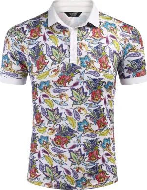 COOFANDY Mens Casual Short Sleeve Polo Shirts Slim Fit Paisley Polo T Shirts Floral Print Shirt