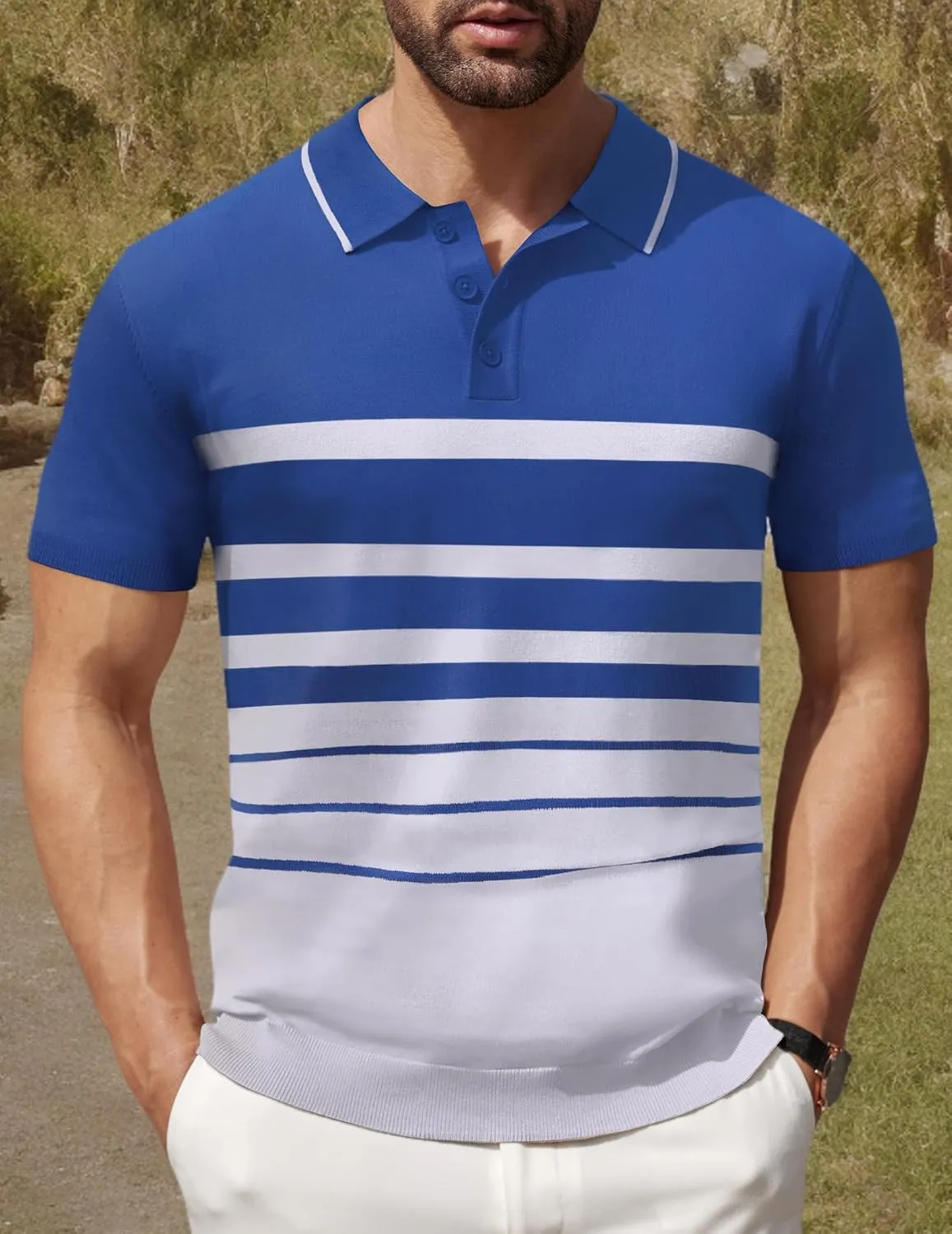 COOFANDY Men's Knit Polo Shirts Short Sleeve Striped Golf Polo Shirts Lightweight Casual Collared T Shirt