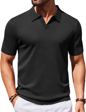 COOFANDY Mens Knit Polo Shirts V Neck Short Sleeve Stretch Polo T Shirt Casual Golf Shirts