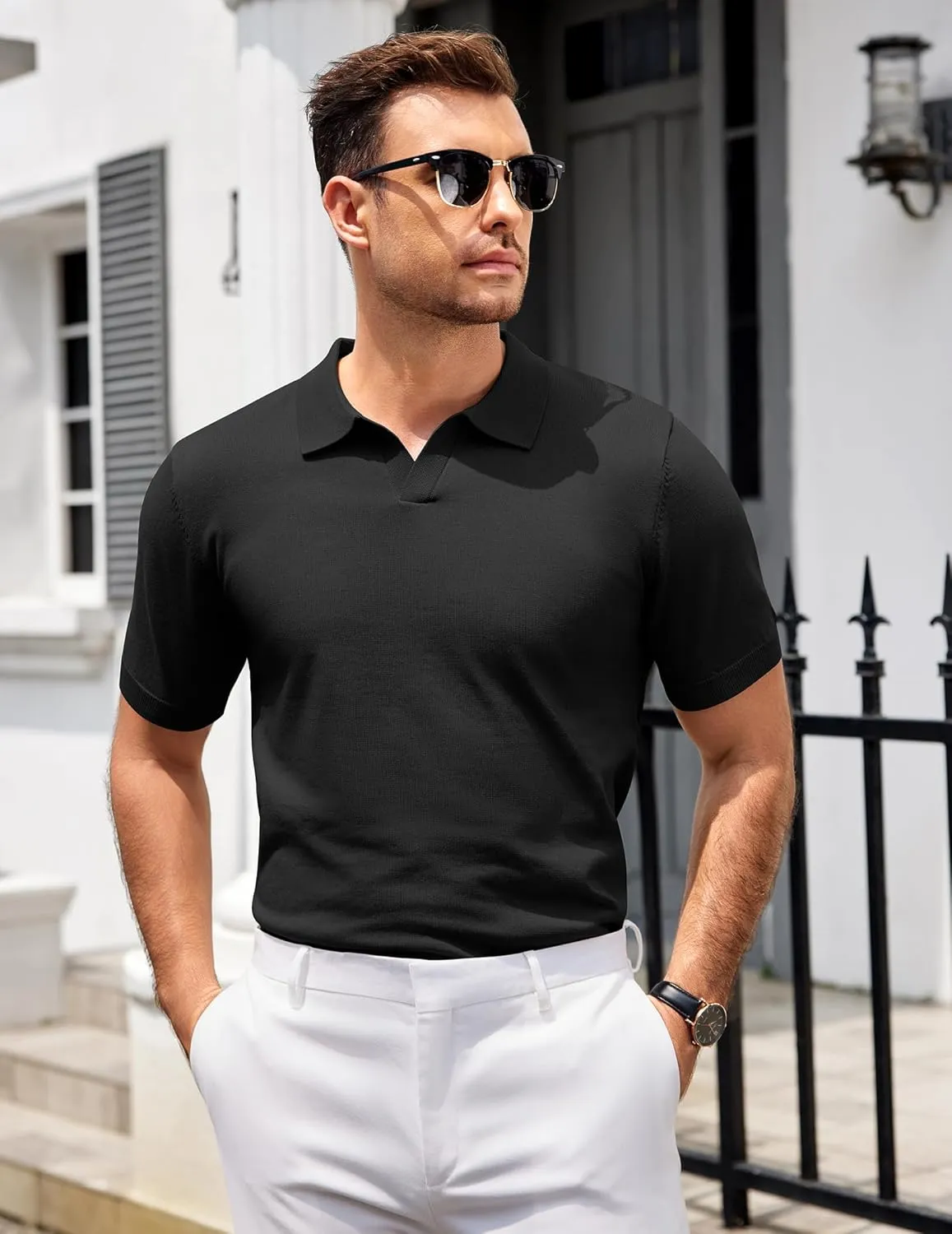 COOFANDY Mens Knit Polo Shirts V Neck Short Sleeve Stretch Polo T Shirt Casual Golf Shirts