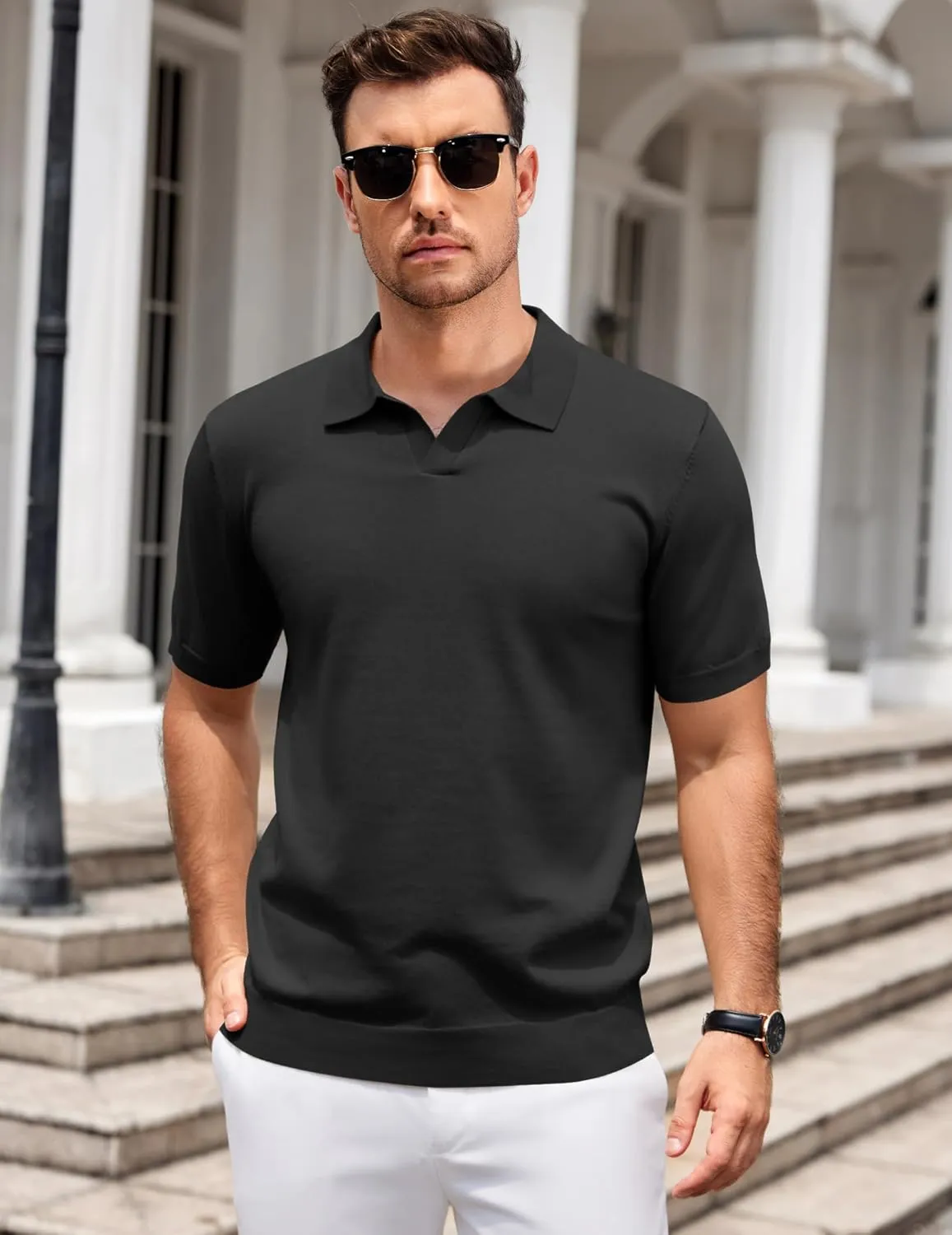 COOFANDY Mens Knit Polo Shirts V Neck Short Sleeve Stretch Polo T Shirt Casual Golf Shirts