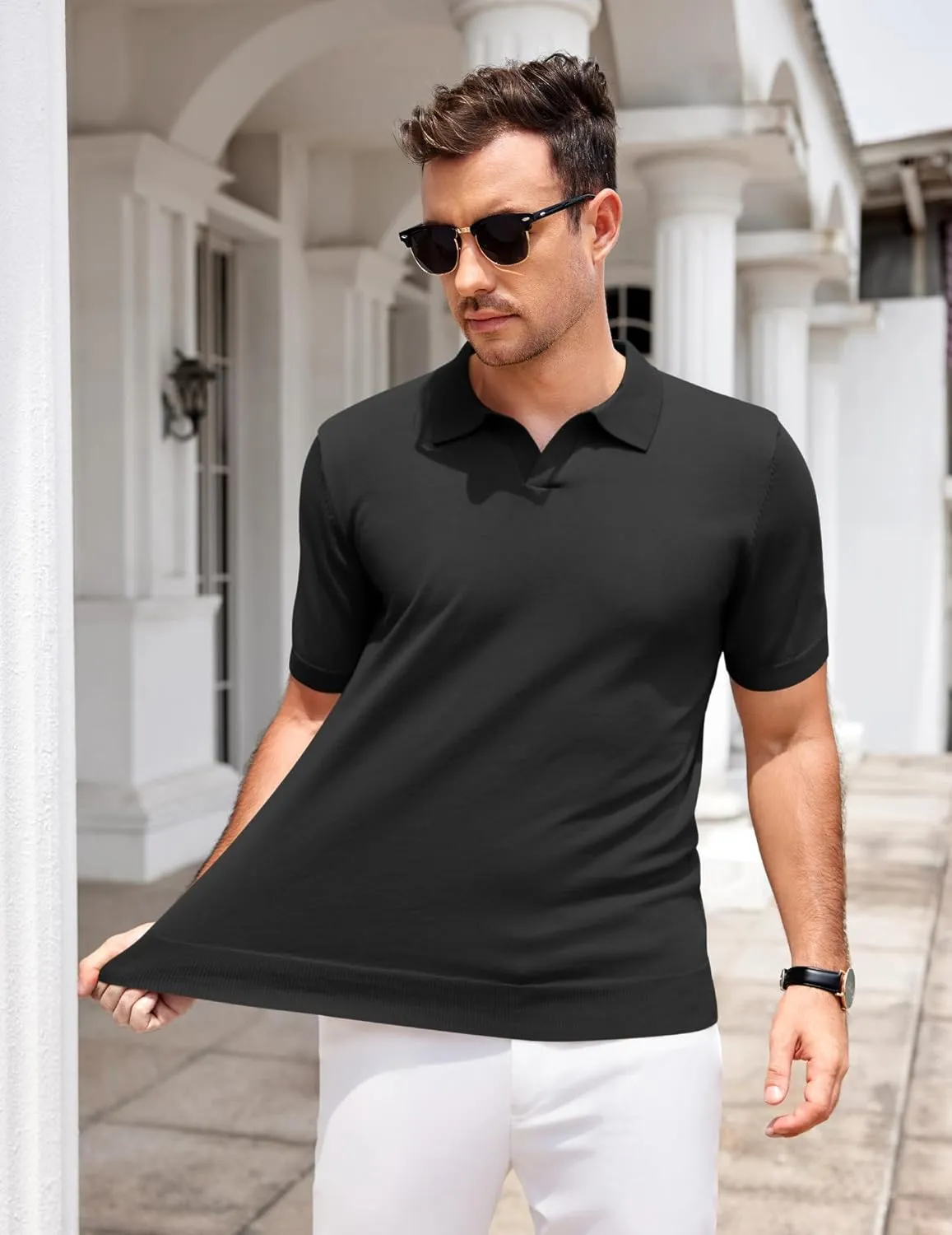 COOFANDY Mens Knit Polo Shirts V Neck Short Sleeve Stretch Polo T Shirt Casual Golf Shirts