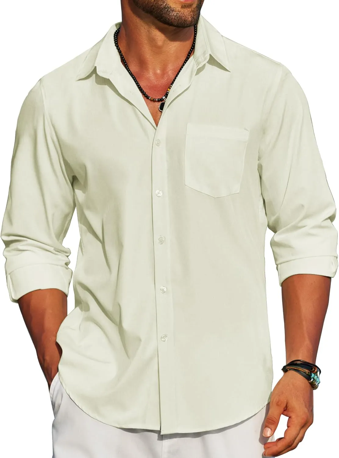 COOFANDY Men's Linen Long Sleeve Shirts Casual Button Down Untucked Shirt Vacation Wedding Shirts with Pocket