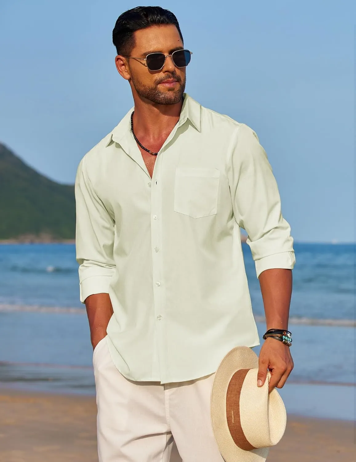 COOFANDY Men's Linen Long Sleeve Shirts Casual Button Down Untucked Shirt Vacation Wedding Shirts with Pocket
