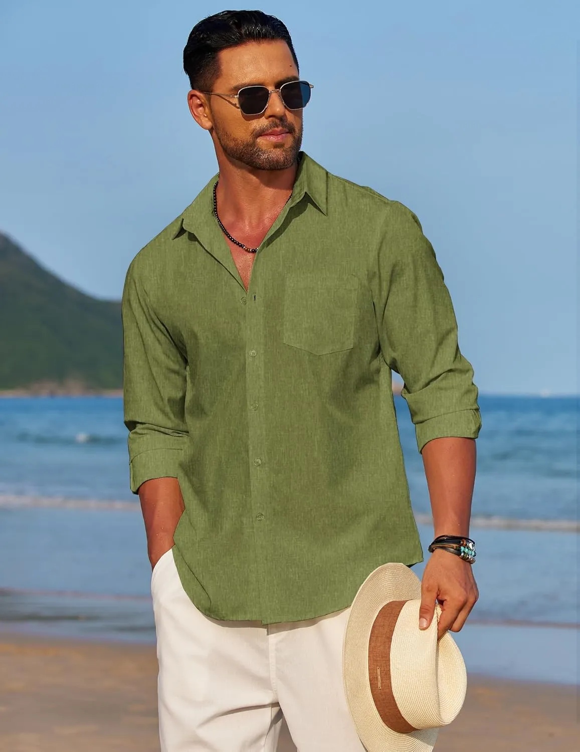 COOFANDY Men's Linen Long Sleeve Shirts Casual Button Down Untucked Shirt Vacation Wedding Shirts with Pocket