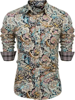 COOFANDY Mens Paisley Printed Shirts Casual Long Sleeve Button Down Shirts Floral Dress Shirt with Pockets