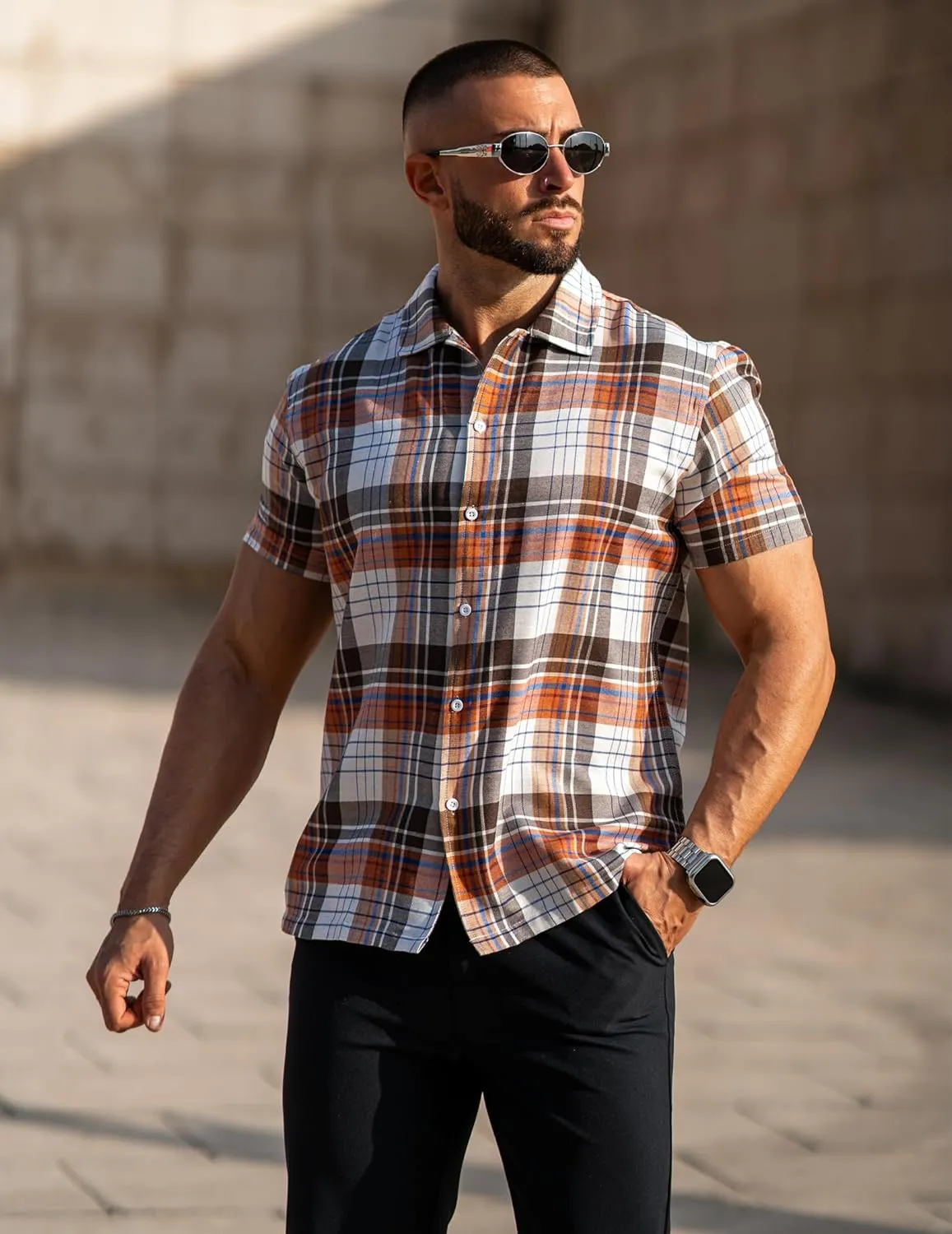 COOFANDY Mens Short Sleeve Button Down Shirt Plaid Button Up Shirts Casual 75% Cotton Work Shirts