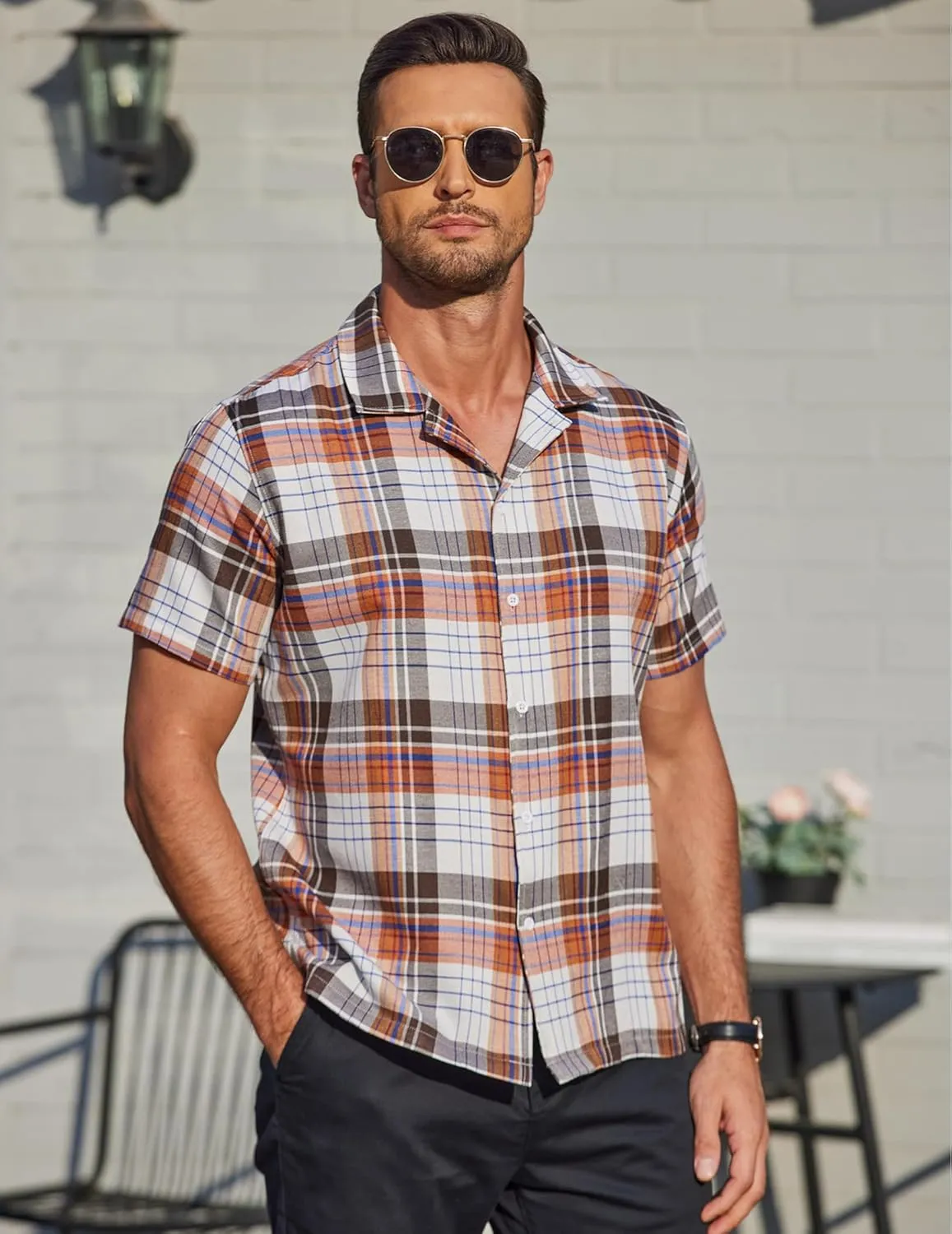 COOFANDY Mens Short Sleeve Button Down Shirt Plaid Button Up Shirts Casual 75% Cotton Work Shirts