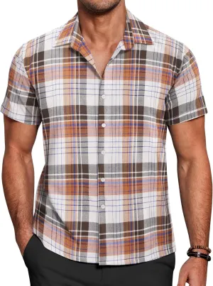 COOFANDY Mens Short Sleeve Button Down Shirt Plaid Button Up Shirts Casual 75% Cotton Work Shirts