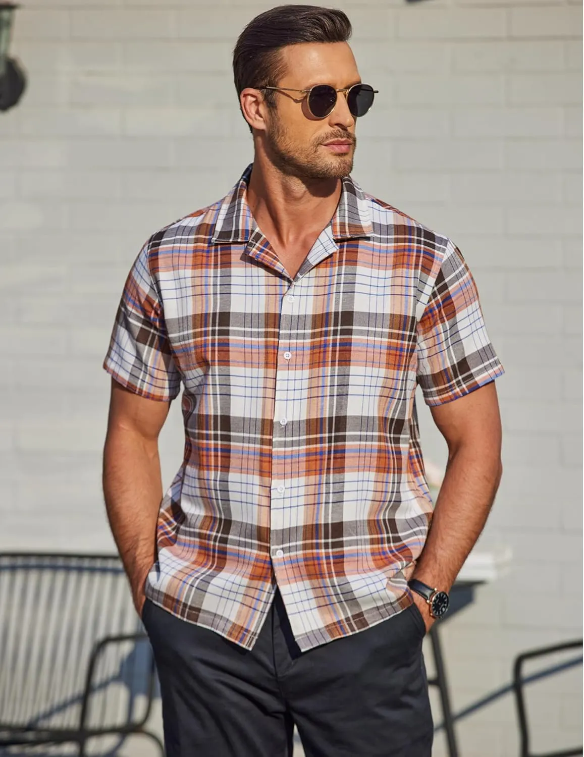 COOFANDY Mens Short Sleeve Button Down Shirt Plaid Button Up Shirts Casual 75% Cotton Work Shirts