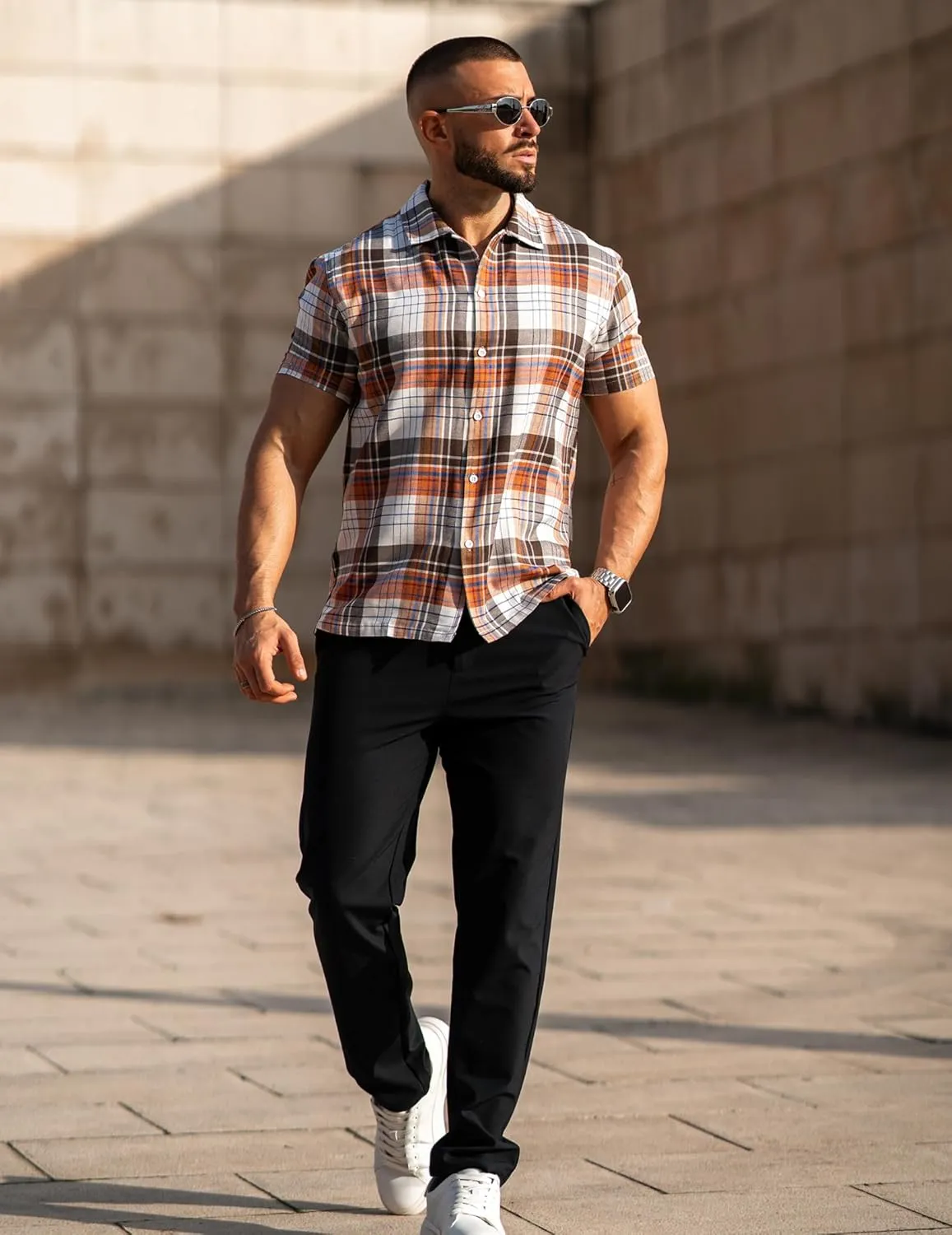 COOFANDY Mens Short Sleeve Button Down Shirt Plaid Button Up Shirts Casual 75% Cotton Work Shirts