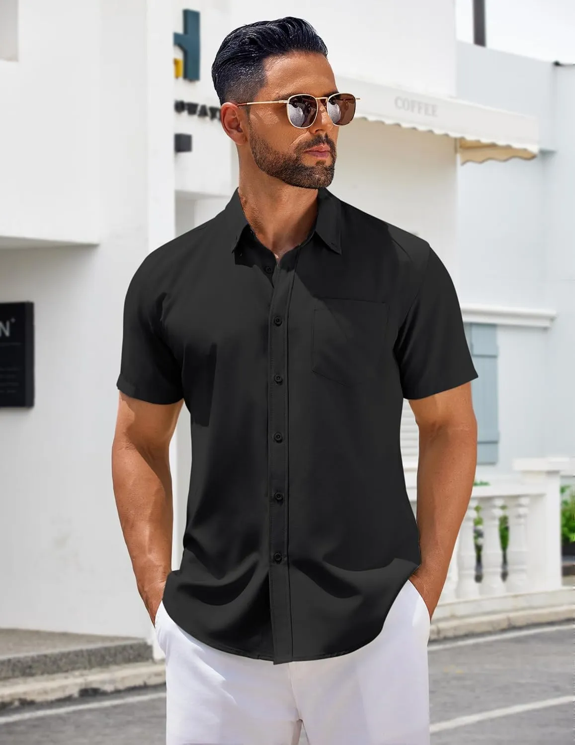 COOFANDY Men's Short Sleeve Button Down Shirts Casual Summer Untucked Wrinkle Free Dress Shirts with Pocket