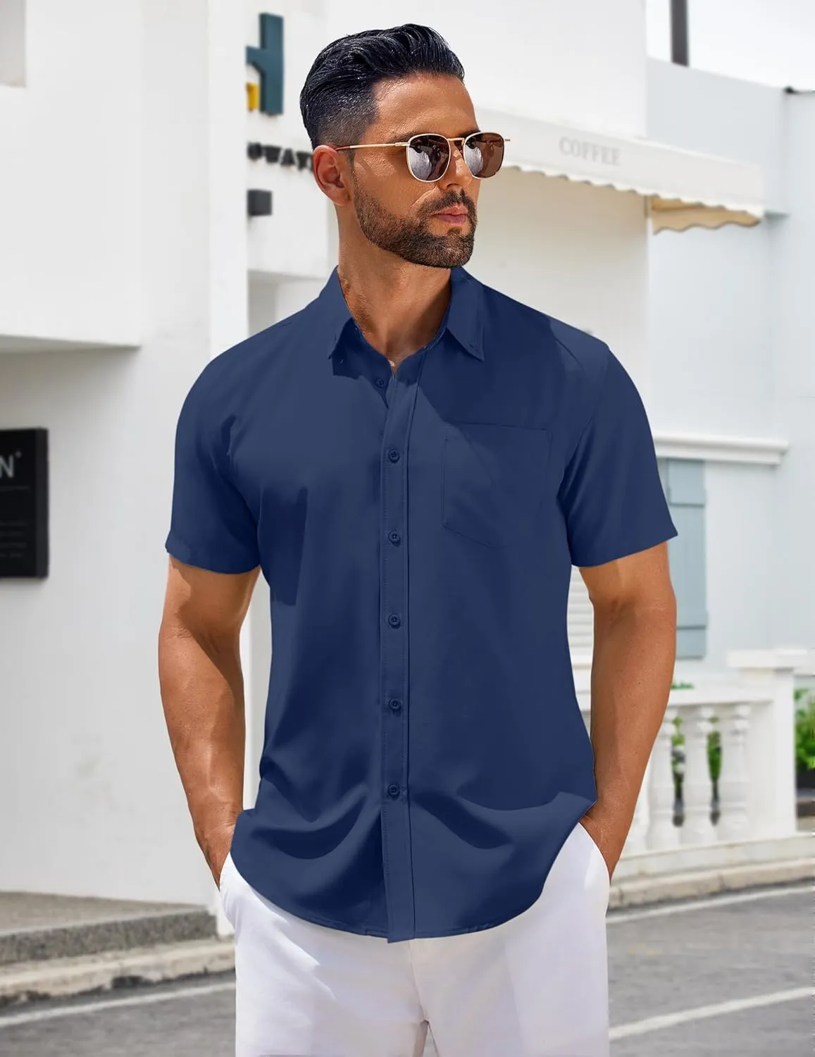 COOFANDY Men's Short Sleeve Button Down Shirts Casual Summer Untucked Wrinkle Free Dress Shirts with Pocket