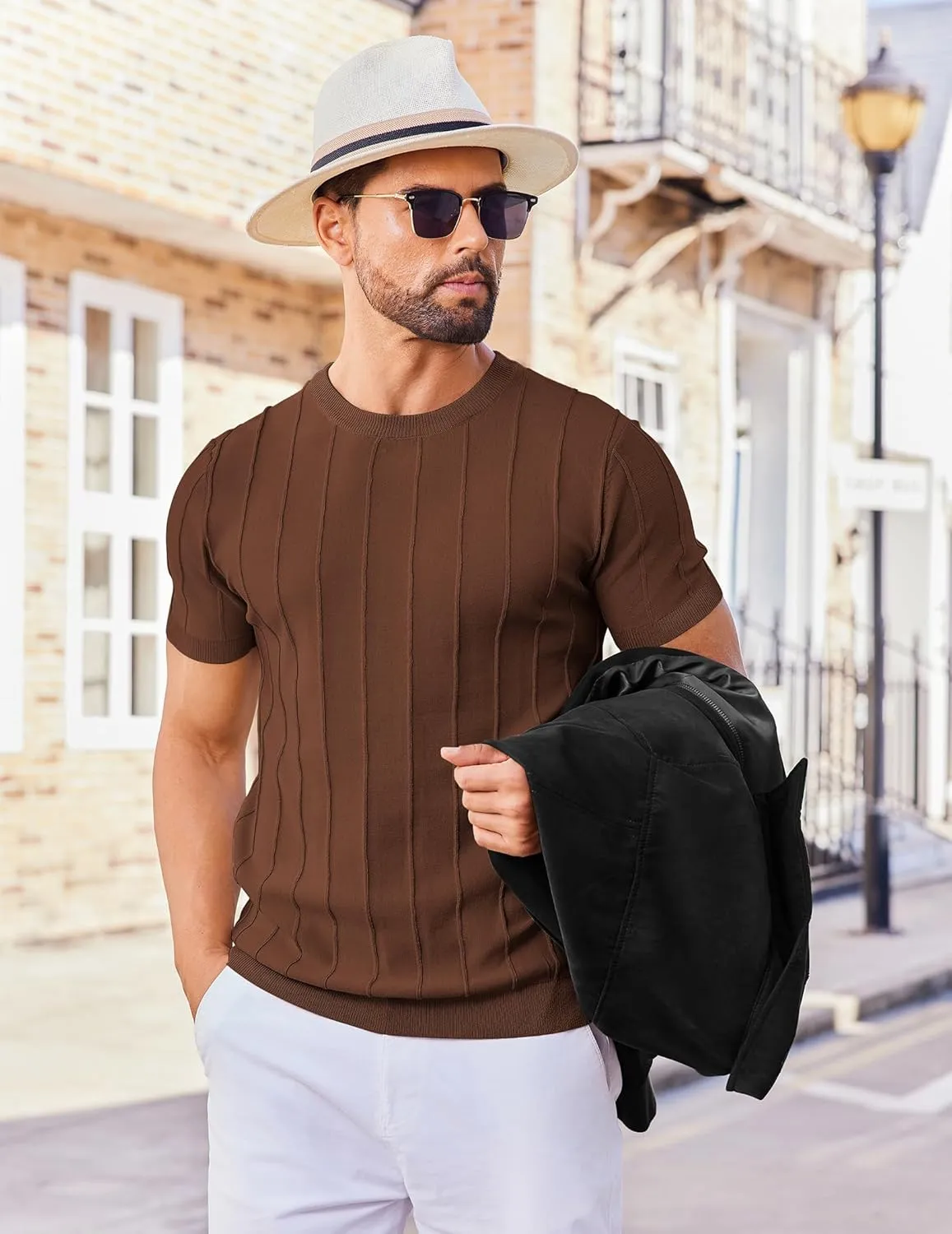 COOFANDY Men's T- Shirts Short Sleeve Knit Sweater Shirt Casual Crewneck Ribbed Pullover Tees