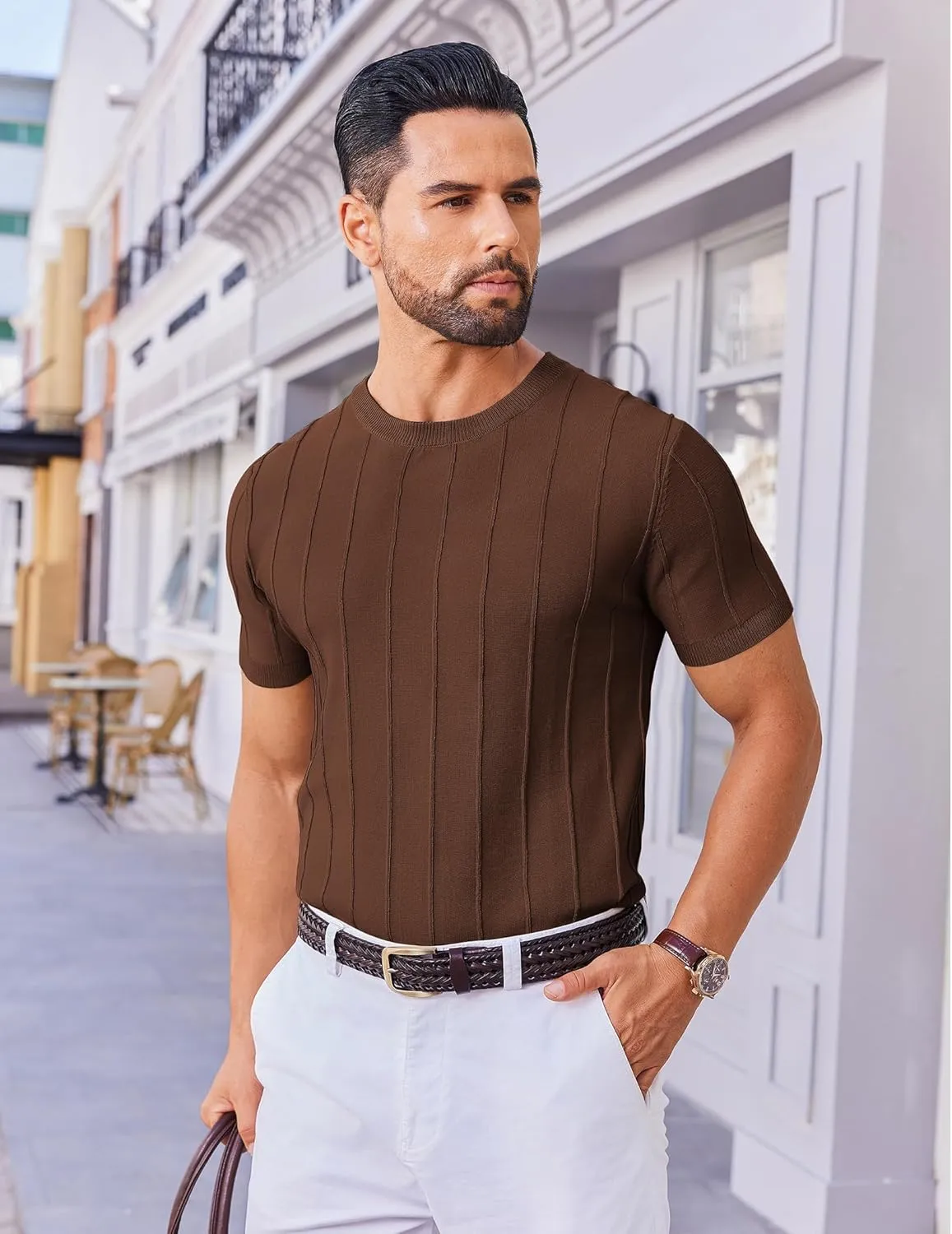 COOFANDY Men's T- Shirts Short Sleeve Knit Sweater Shirt Casual Crewneck Ribbed Pullover Tees