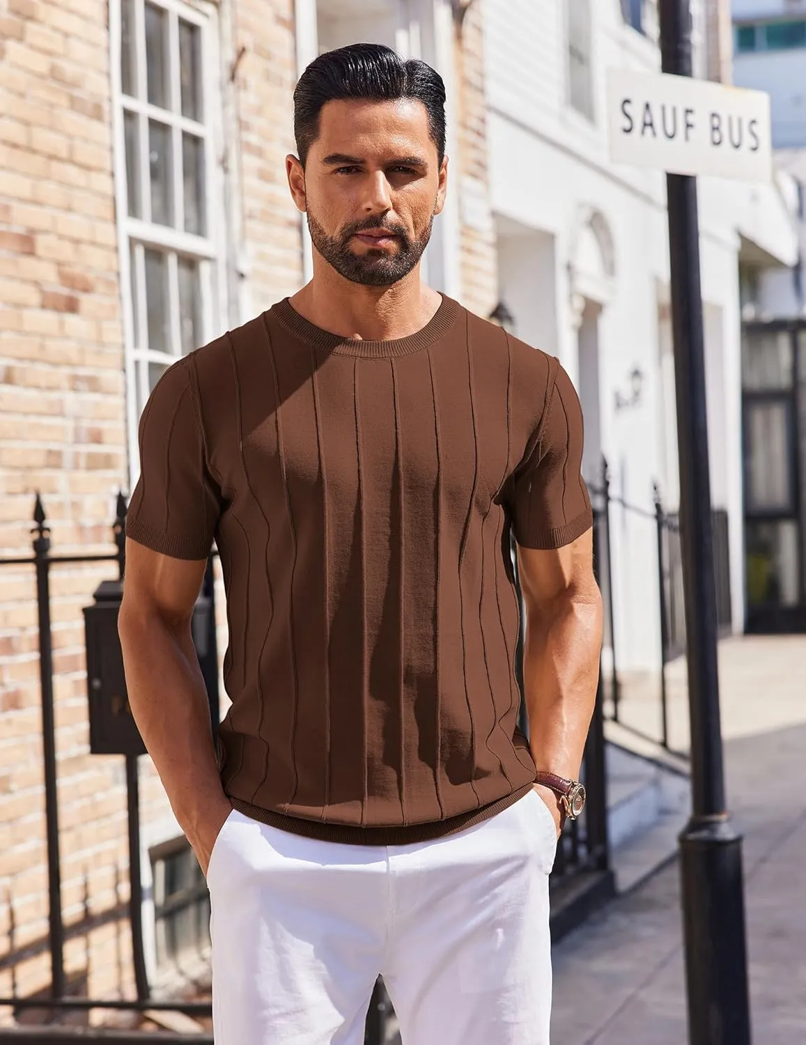 COOFANDY Men's T- Shirts Short Sleeve Knit Sweater Shirt Casual Crewneck Ribbed Pullover Tees